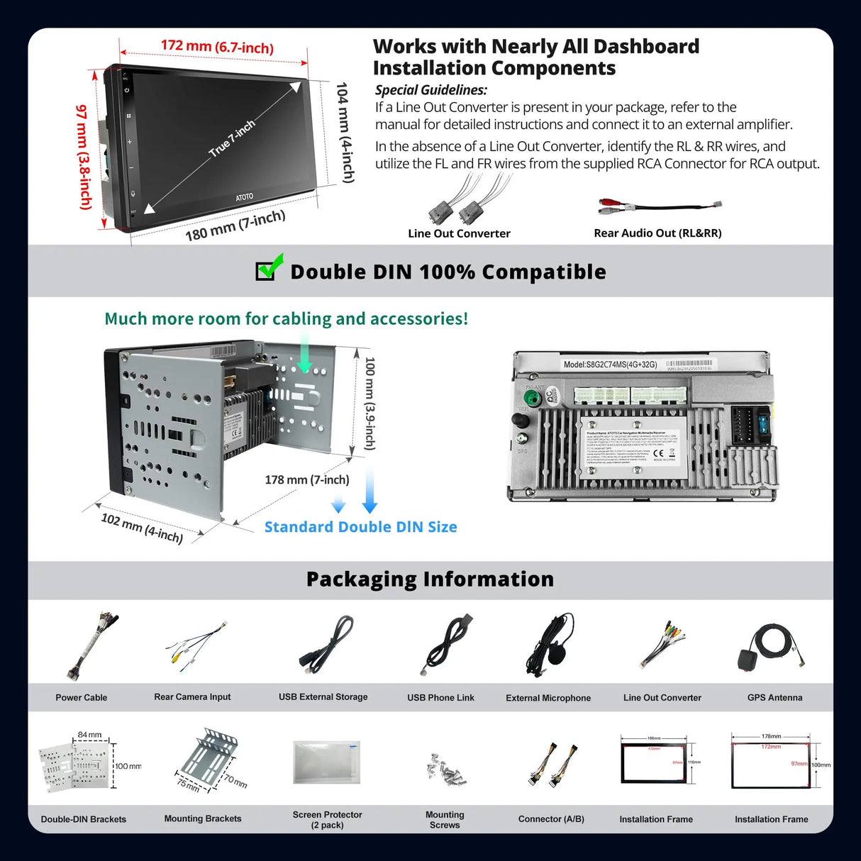 ATOTOEXCEL A6PF Android Autoradio 2 DIN, 7 Pollici Dab+ Radio, Wireless CarPlay e Senza Fili Android Auto, Tethering de WiFi/BT/USB, Doppio Bluetooth, GPS Navigatore Auto, 2G+32G, A6G2C7PF