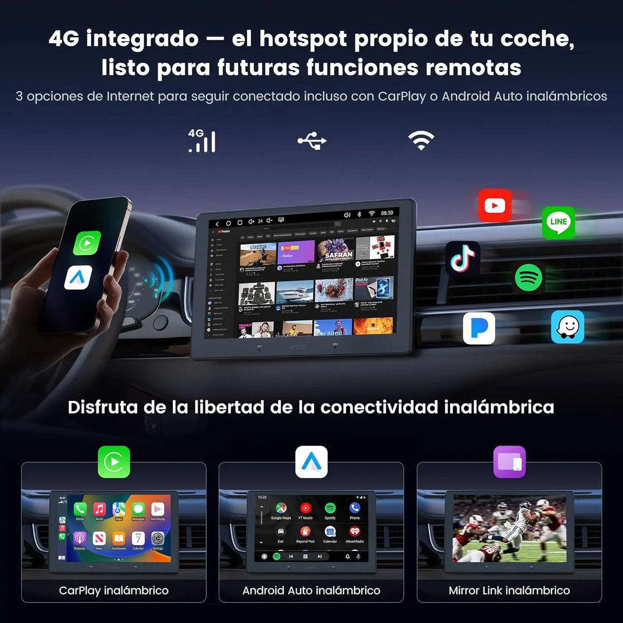 ATOTO A7G209PKL 9" QLED Autoradio Android 2 DIN, Wireless CarPlay & Android Auto, Hi‑Fi DSP con 4V Pre‑Outs, WiFi/BT Tethering, Rastreo GPS, Chat IA