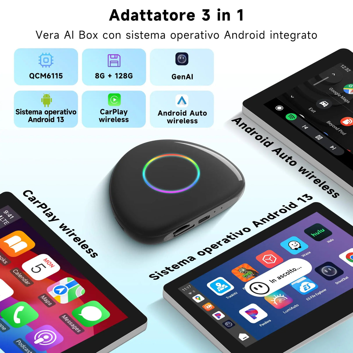ATOTO boîtier CarPlay IA CB6 – Dongle WIFI con Mini OBD II, Android Auto y CarPlay inalámbrico, 8GB+128GB, Streaming para coche con 4G, Wi-Fi, Doble Bluetooth, USB, GPS integrado, Asistente IA, microSD, OTA