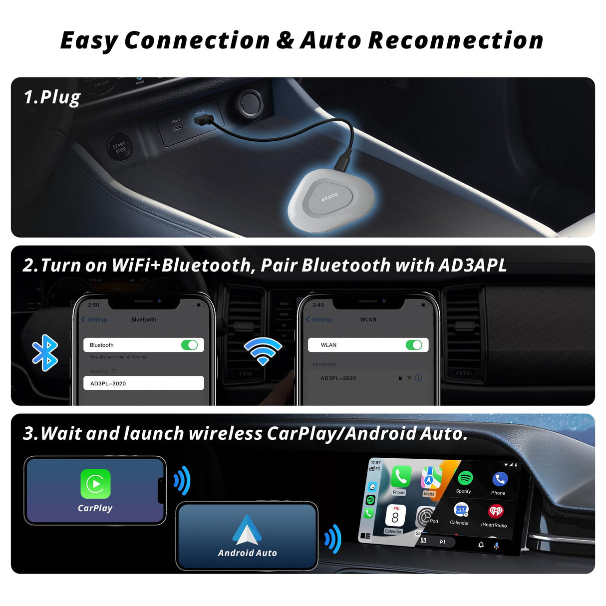 ATOTO AD3 Wireless CarPlay & Android Auto Adapter, Convert Wired to Wireless for iPhone & Android, Plug and Play, Auto Reconnect, Voice Commands, 18-Month Care (iOS 10+ Android 11+)