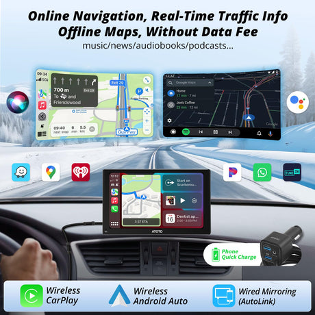 ATOTO P507SD 7" Portable CarPlay Screen with 1080P Backup Camera & Remote Control – Wireless CarPlay & Android Auto Touchscreen, Dash GPS Navigation, QLED Glare-Suppressing Display, MirrorLink