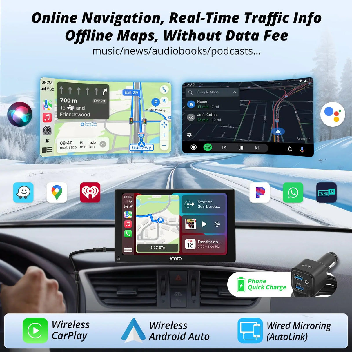 ATOTO P509SD 9" Portable Sat Nav with QLED Touchscreen, Wireless CarPlay & Android Auto, Bluetooth, 1080P Backup Camera, SWC, Auto-Dimming & GPS Navigation