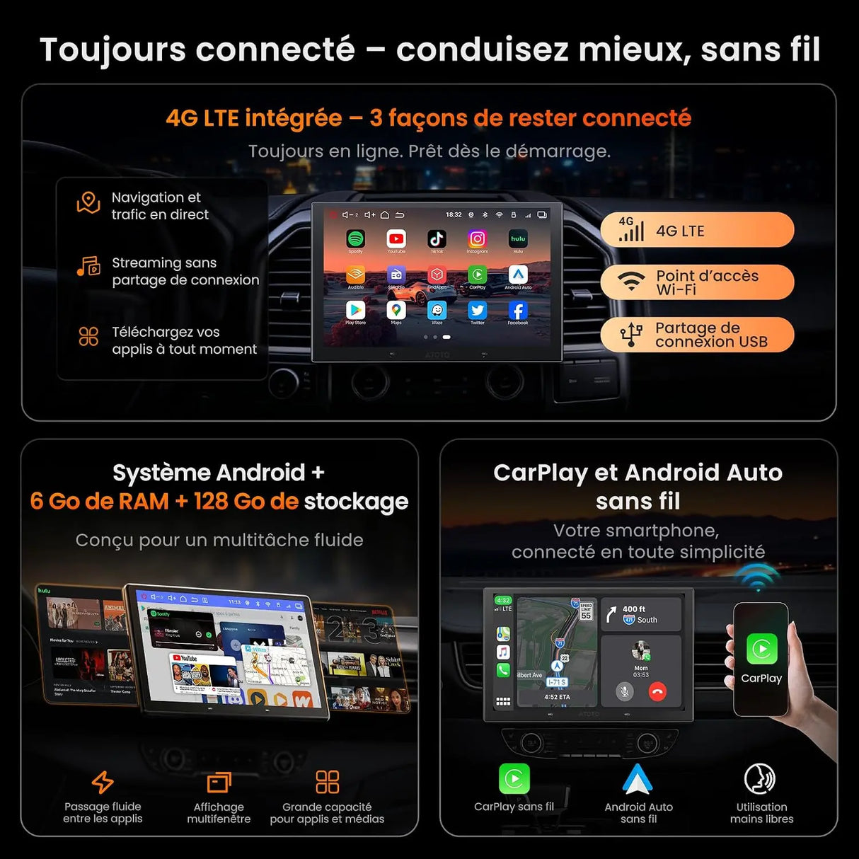 ATOTOEXCEL V10 10.1 Pouces 2 DIN & 1 DIN Autoradio Android, 6G+128G, 4G LTE/Wi-FI, Karaoké embarqué,DVR 4 canaux,DSP 32 Bandes,CarPlay&Android Auto sans Fil, BLuetooth5.4 Con aptX HD, Suivi GPS