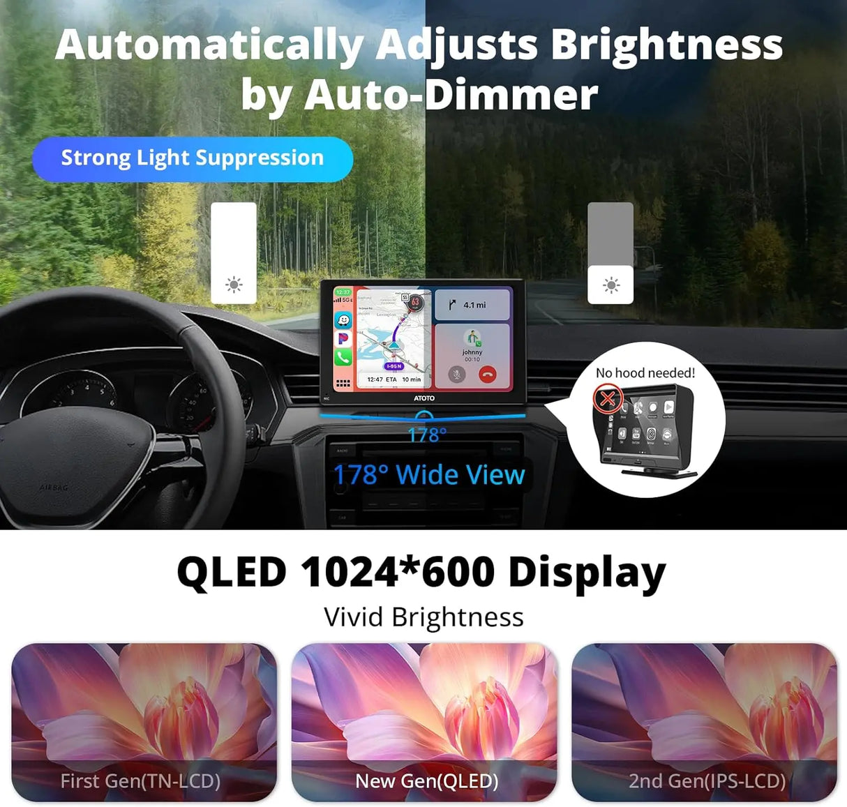 ATOTO P8 Portable Car Stereo, Wireless CarPlay & Wireless Android Auto, 7inch QLED Glare-Suppressing Touchscreen, WDR&Auto Dimmer, Bluetooth, Remote Control, AUX/FM Output, P807SD-RM
