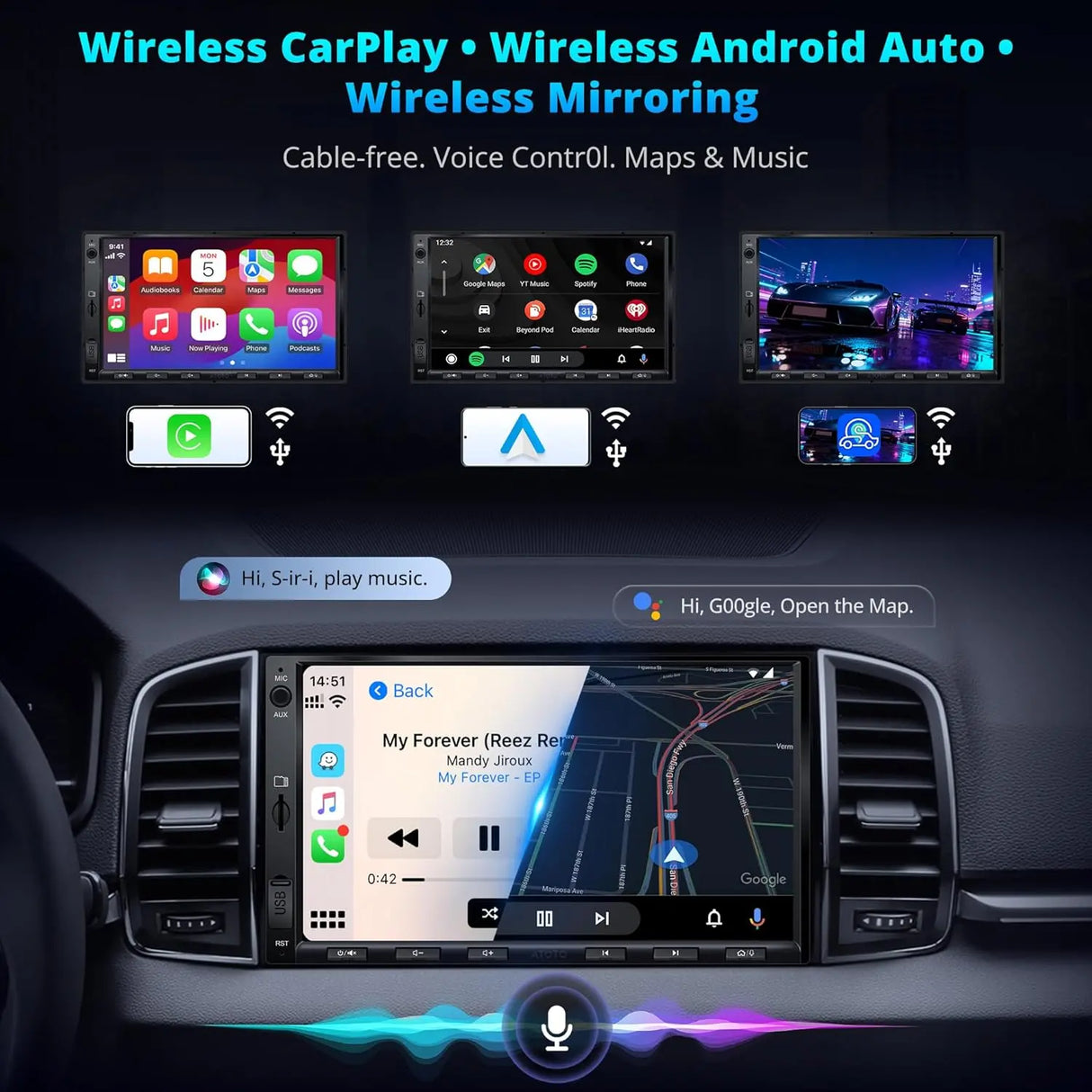 ATOTO A5LG2A7T 7" Android Double Din Car Stereo with Front DVR Cam, Touchscreen, Wireless 24-Band EQ, WiFi/BT/USB Tethering, FM/AM, 2+32G