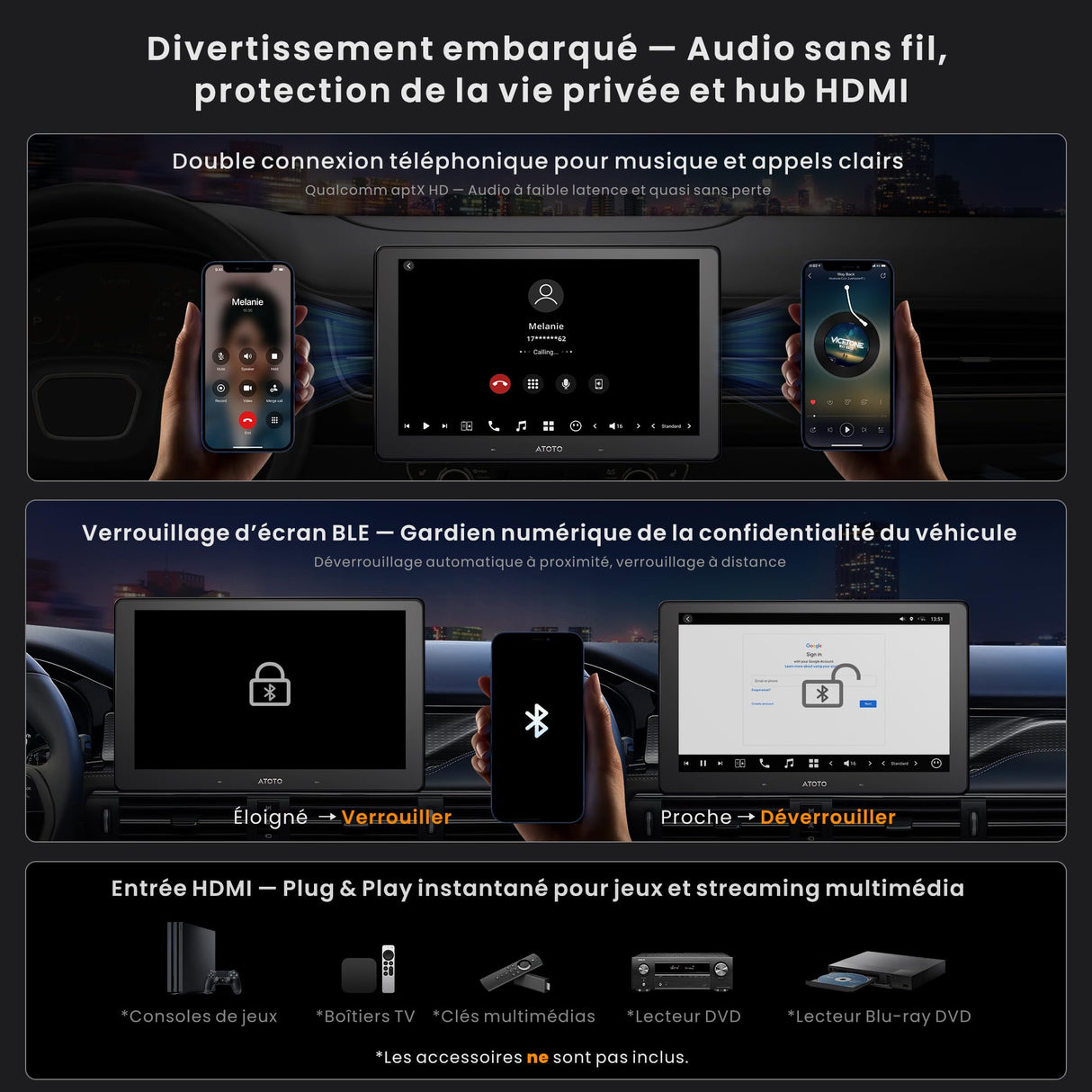ATOTOOUT Autoradio Double Din 9 Pouces X10, écran Tactile QLED 8G+128G, CarPlay sans Fil, Android Auto, Android avec 4G/Wi-FI/BT/USB, DSP, AMP, SUB, GPS, entrée caméra Avant et de recul 1080P