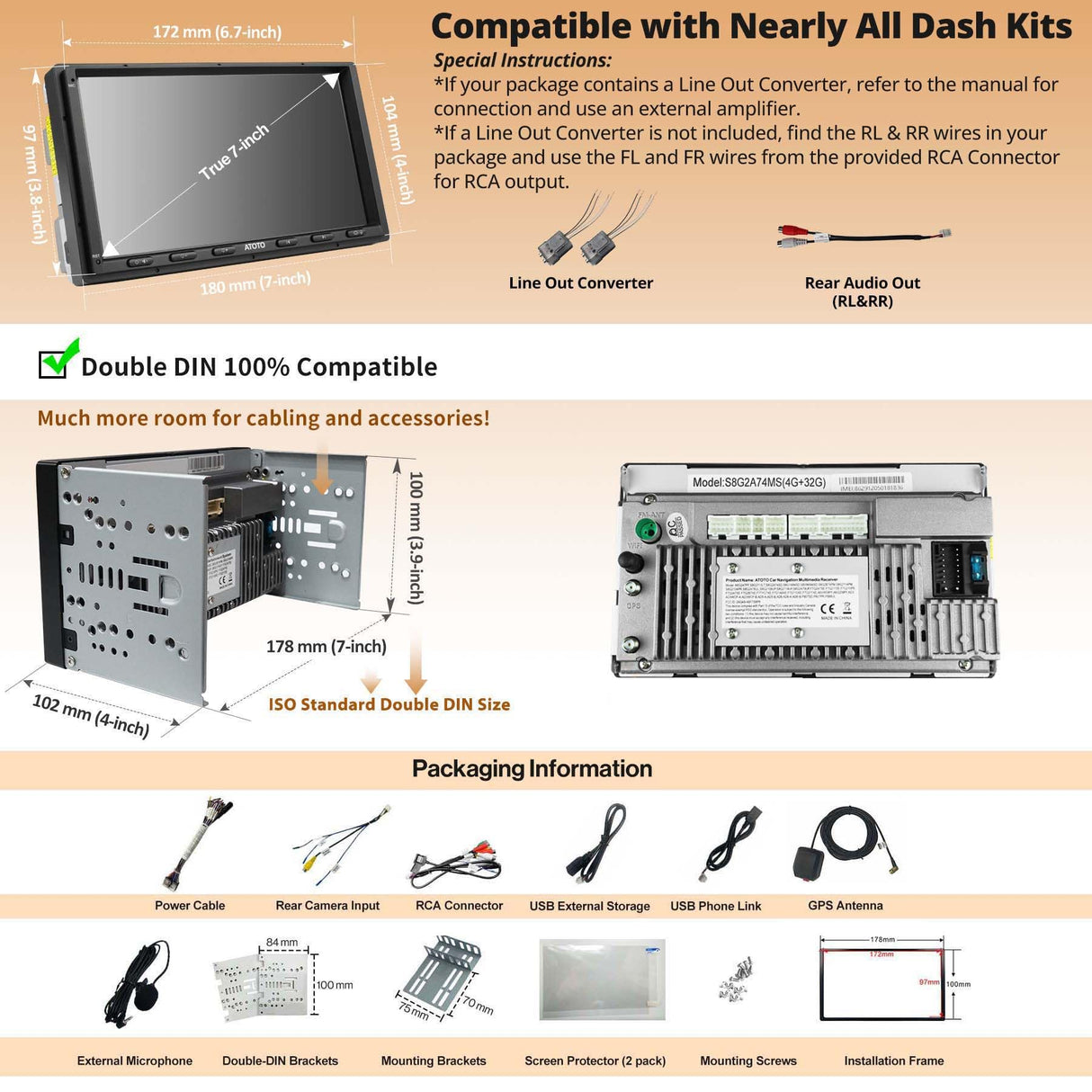 ATOTO S8G2A74MS 7" Double Din Car Stereo, QLED Touchscreen, Wireless CarPlay Android Auto, AI Chat ,SCVC, DSP/HDMI Out
