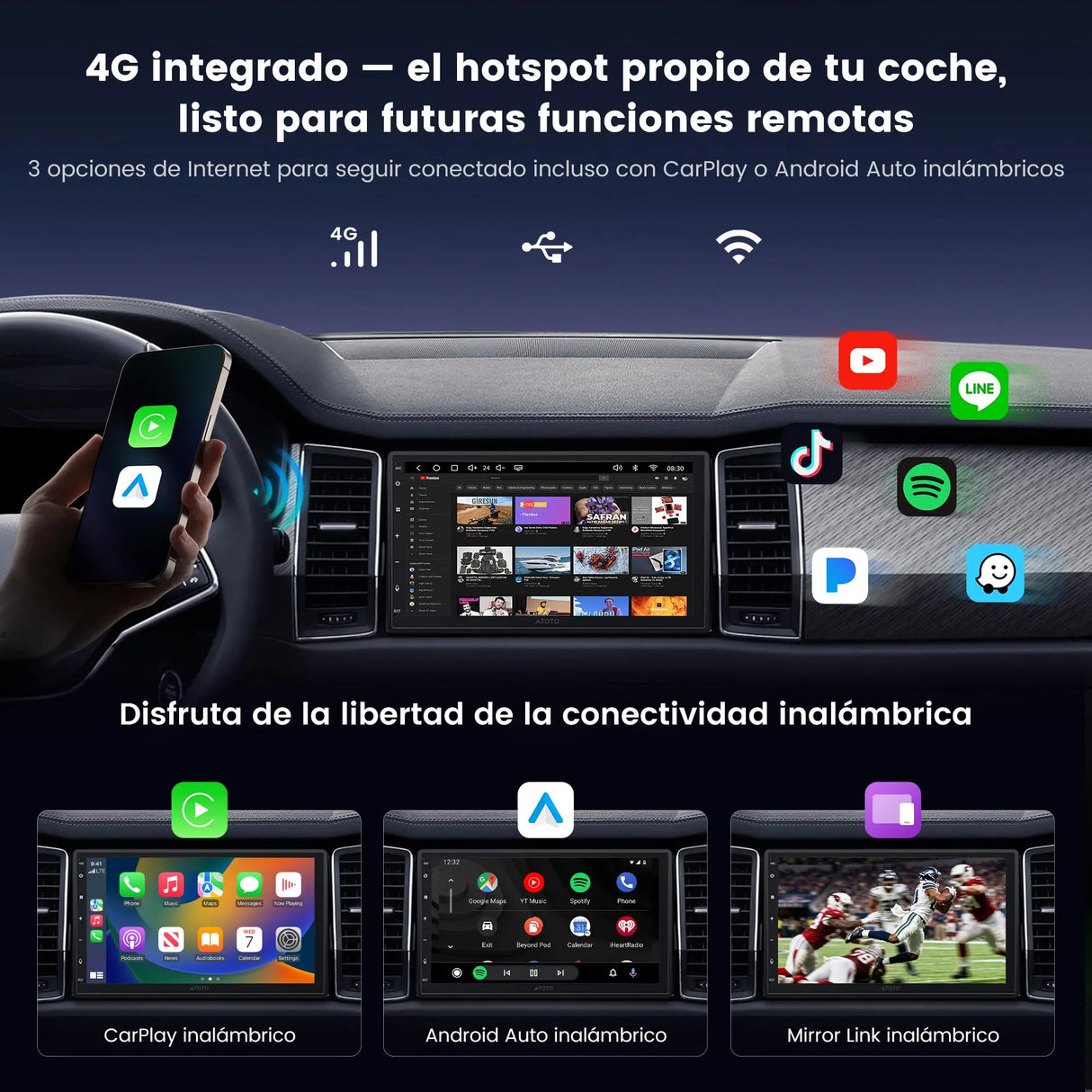 ATOTO A7G2B7PKL-S04 7'' QLED Radio Coche 2 DIN Android, 4G LTE/WiFi, CarPlay y Android Auto Inalámbrico, DSP HiFi 4V con Salida Óptica/Coaxial, Rastreo GPS, IA DriveChat, OBD2 Incluido