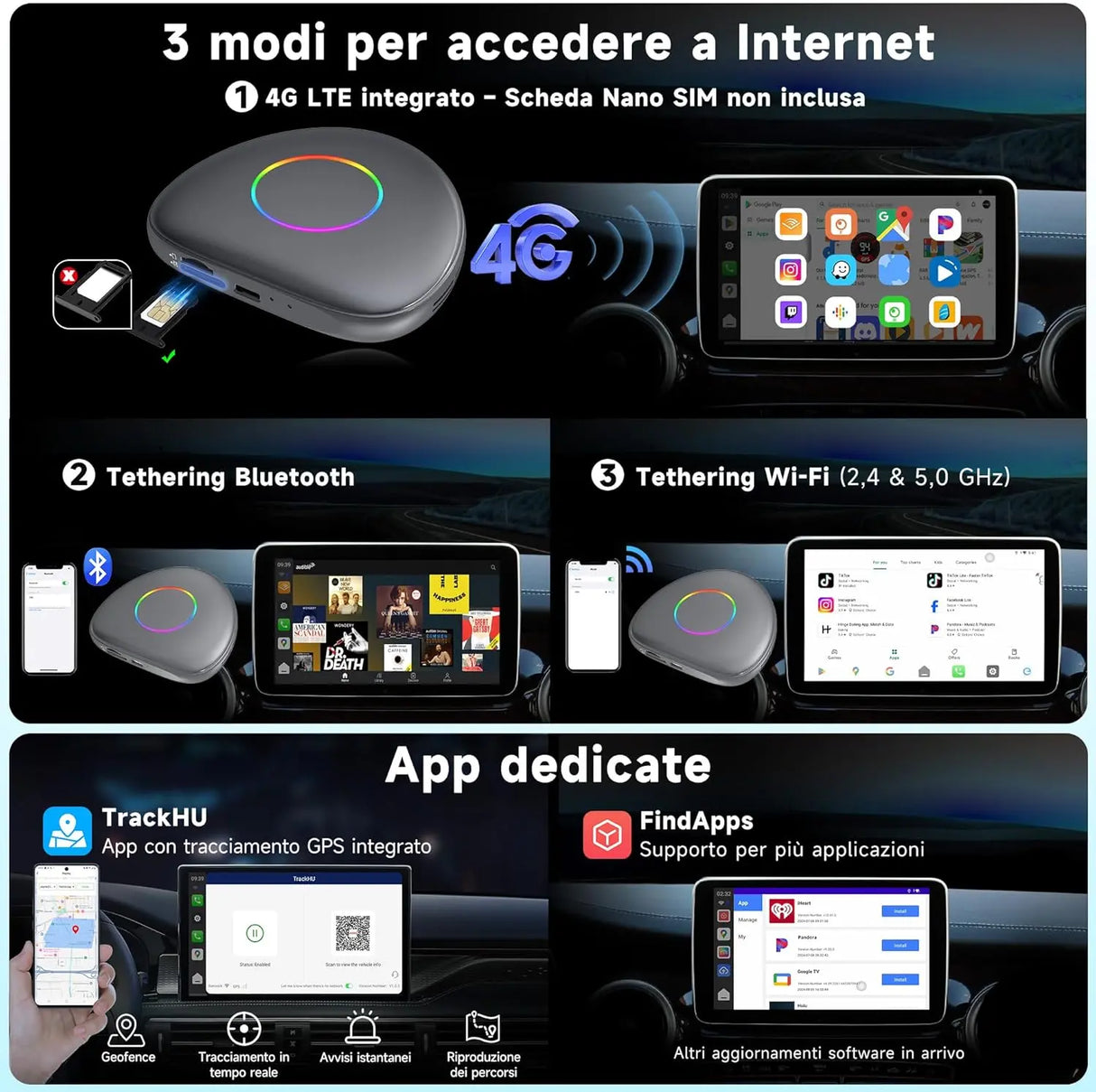 ATOTO CB6 Adaptateur CarPlay Sans Fil avec Mini OBD II – Boîtier CarPlay IA, 8 Go+128 Go Boîtier Streaming Voiture avec 4G, Double Bluetooth, USB, GPS Intégré, Assistant IA, microSD, OTA
