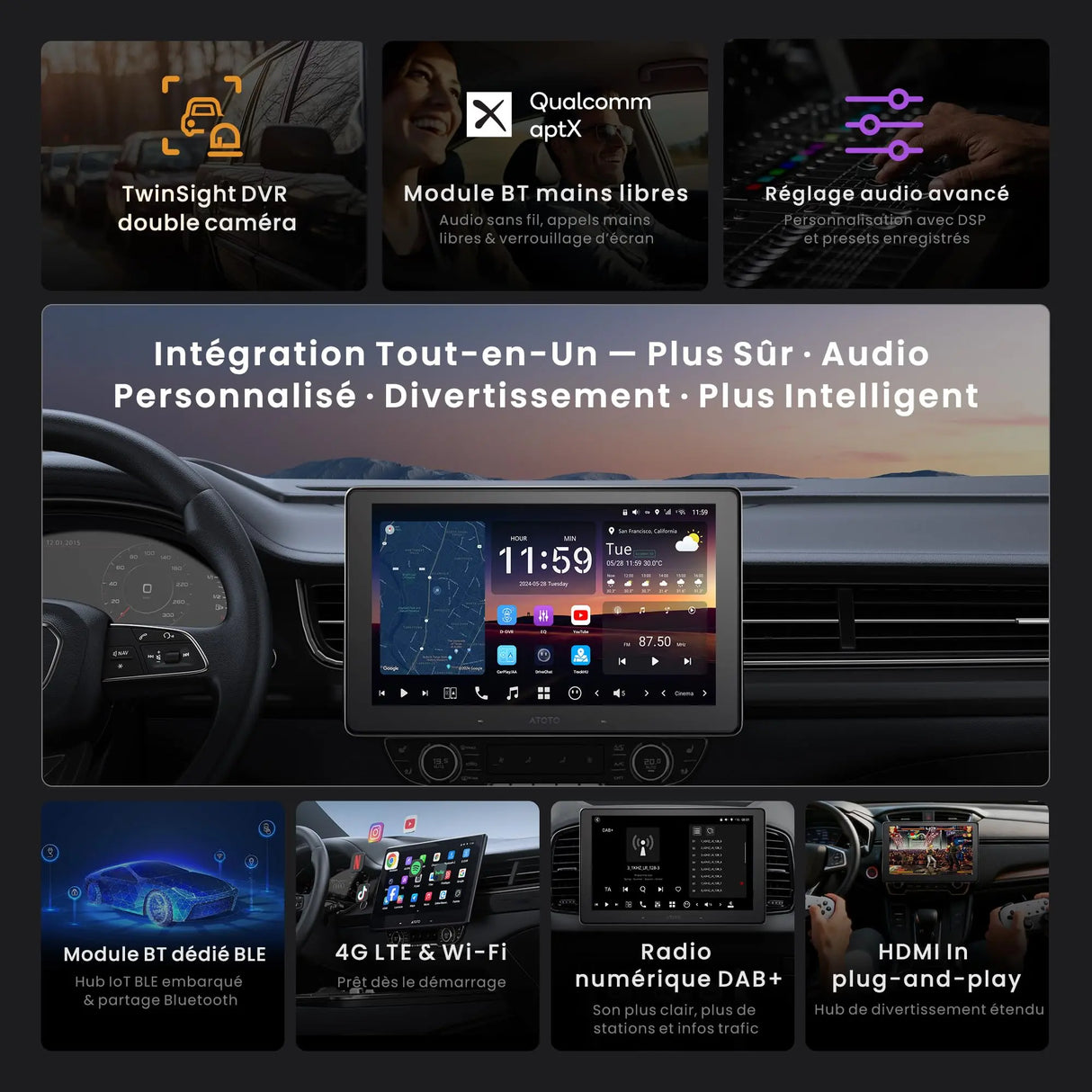 ATOTO X10DG209E Autoradio 2 DIN 9 Pouces, QLED, 8+128G, Microphone Double et Entrée Caméra, CarPlay & Android Auto sans fil, 4G LTE, Assistant vocal IA, Suivi GPS, DAB, Bluetooth, LRV, Entrée HDMI