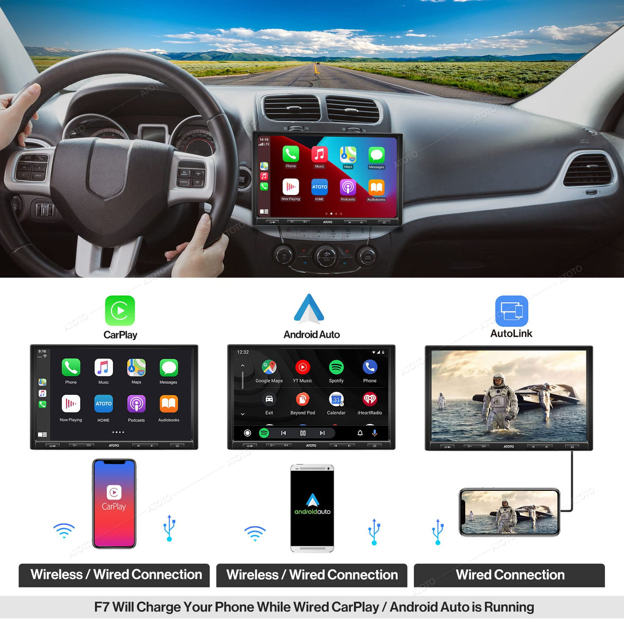 ATOTO F7G110XE 10" Double Din & Single Din Car Stereo, HD LRV Camera, Wireless CarPlay & Android Auto, Bluetooth, SXM, Mirror Link, Quick Charge, USB/SD up to 2TB Storage