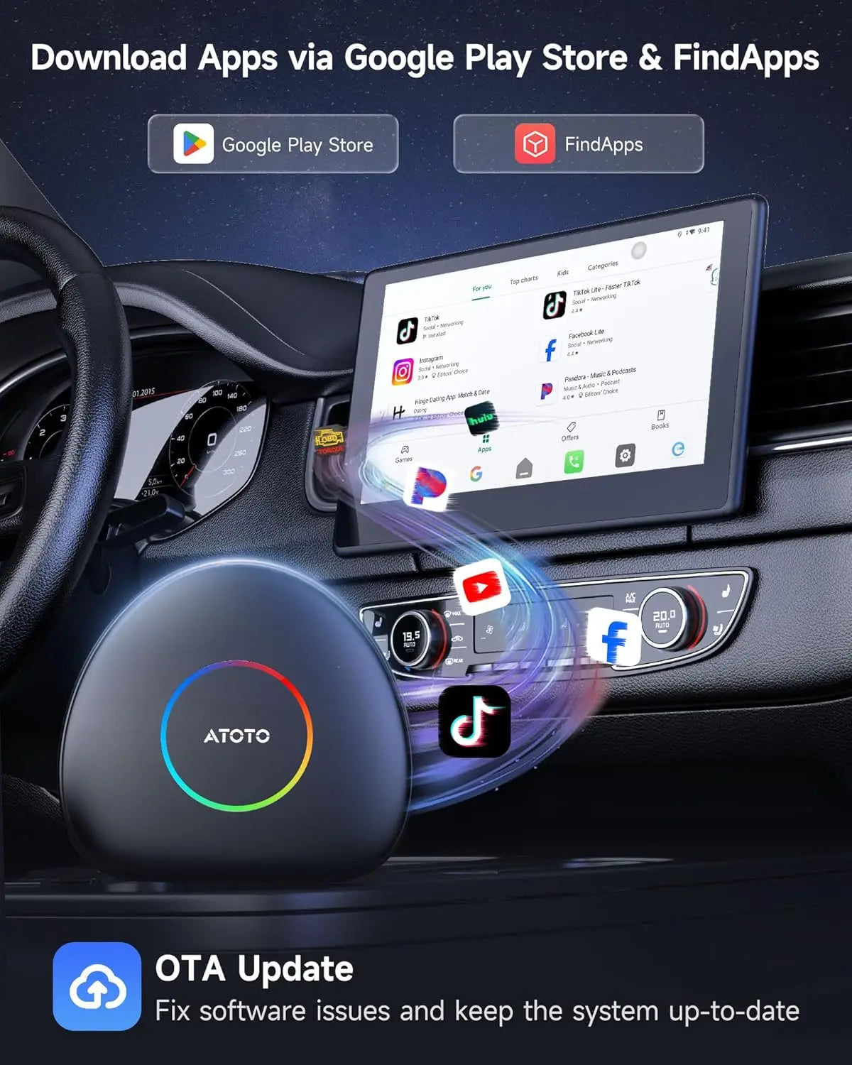 ATOTO CB6C CarWave AI Box Wireless CarPlay Adapter with GPS Tracking, Android 13, Android Auto Support, 4G LTE, AI Voice, 4GB+64GB Storage – Smart Car Dongle, Black