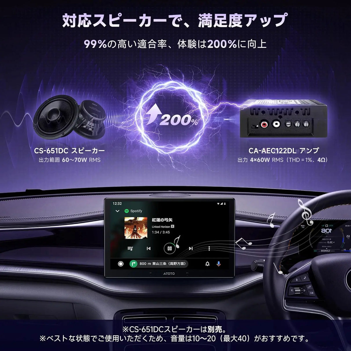ATOTO CA-AEC122DL カーアンプ - クラスD 4チャンネル TI TPA3221、RMS 4x60W、6.5フィート電源ケーブル、カスタマイズ可能EQ、特定ATOTOZONEカーステレオと互換