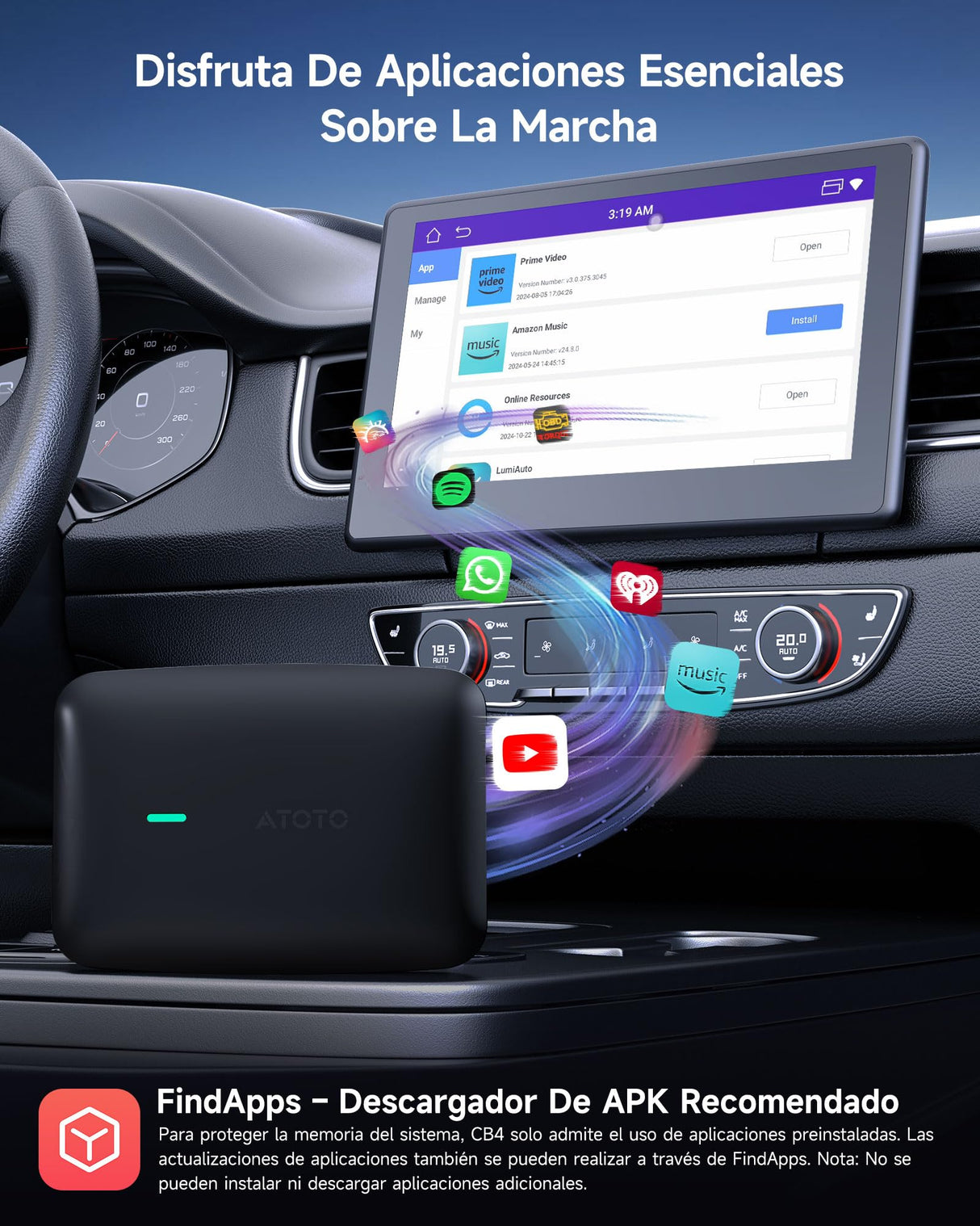 ATOTO CB4B Dongle WIFI – Dual Bluetooth, Tarjeta TF 128GB, 4G+32G, Netflix/YouTube, Adaptador CarPlay Inalámbrico, Android TV Box con AI DriveChat, Negro