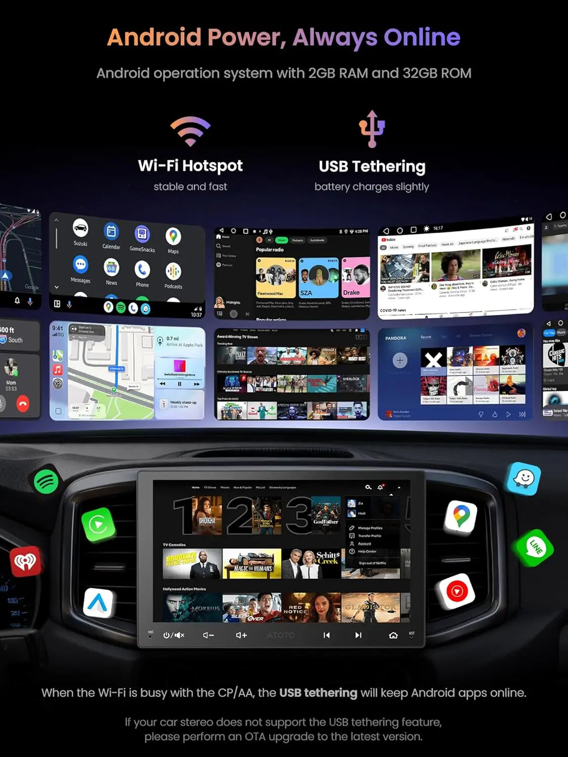 ATOTO A5LG209T 9" Double Din Head Unit with Android OS, ChatGPT AI Assistant, GPS Tracking, Wireless CarPlay & Android Auto, WiFi Internet Access, 2G+32G, 24-Band EQ DSP, FM/AM Radio
