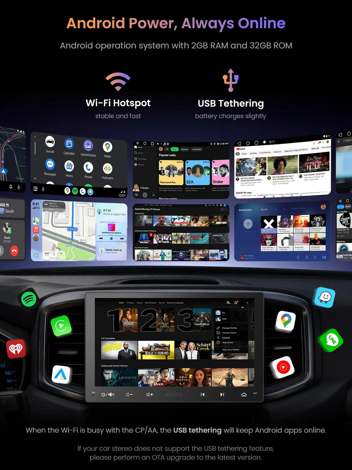 ATOTO A5LG209T 9" Autoradio 2 Din – Touchscreen, 2GB+32GB, Wireless CarPlay e Android Auto, EQ a 24 Bande, Tethering WiFi/Bluetooth, USB, FM/AM