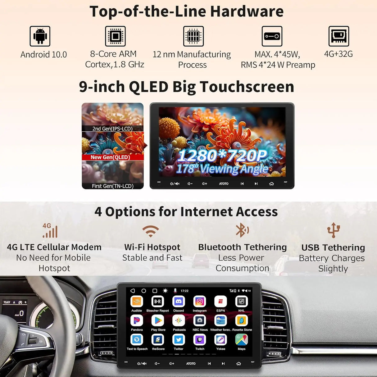 ATOTO S8G2094MS 8-Core 9" Android Double Din Car Stereo, QLED Touchscreen, Wireless CarPlay & Android Auto, Dual Bluetooth, GPS Tracking, SCVC,4G LTE/WiFi&BT&USB Tethering