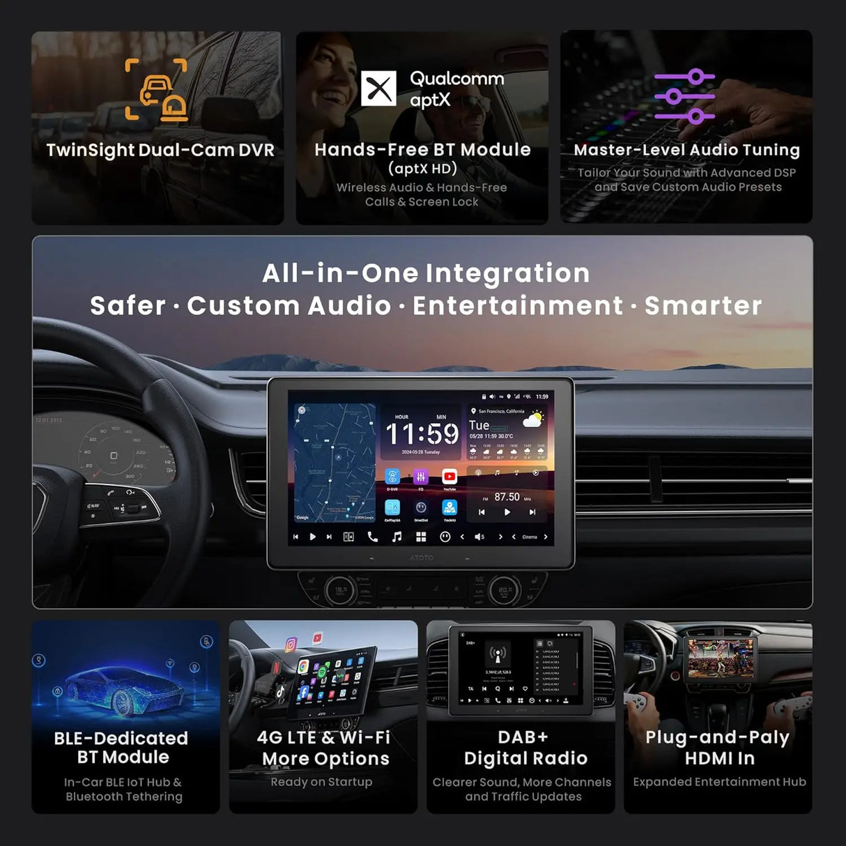 ATOTO X10DG211E 10.1" QLED Double Din Car Stereo, DAB+, Wireless CarPlay & Android Auto, 8+128G, 4G LTE, AI Voice Assistant, GPS Tracking, Dual Camera Inputs, Mic & Bluetooth, LRV, SVC, 36-Band EQ