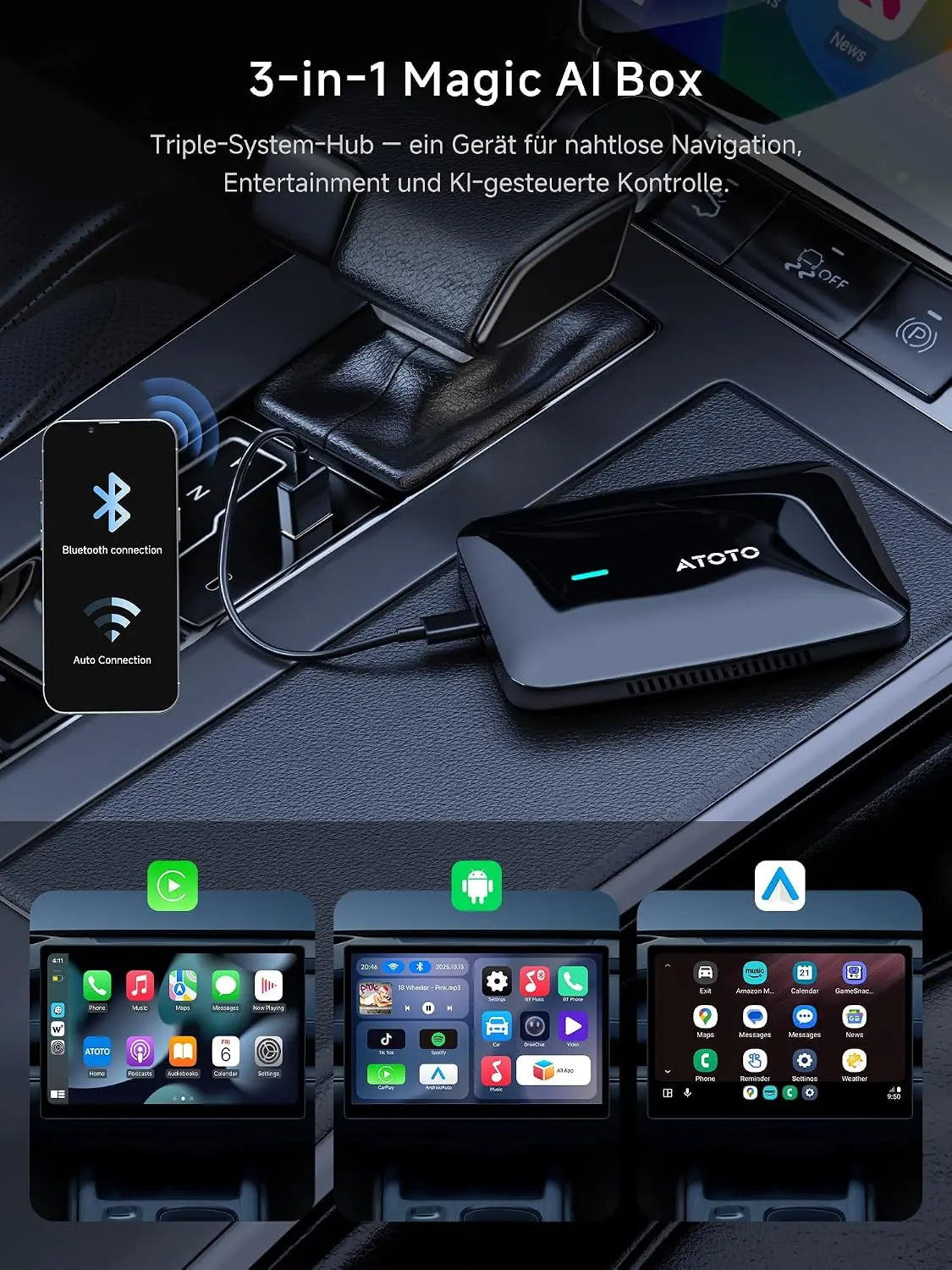 ATOTO CB4B Wireless CarPlay Adapter mit Android AI Box | Kabelloses CarPlay & Android Auto, KI-DriveChat, Netflix & YouTube, Dual-WLAN/Bluetooth, 4GB+32GB