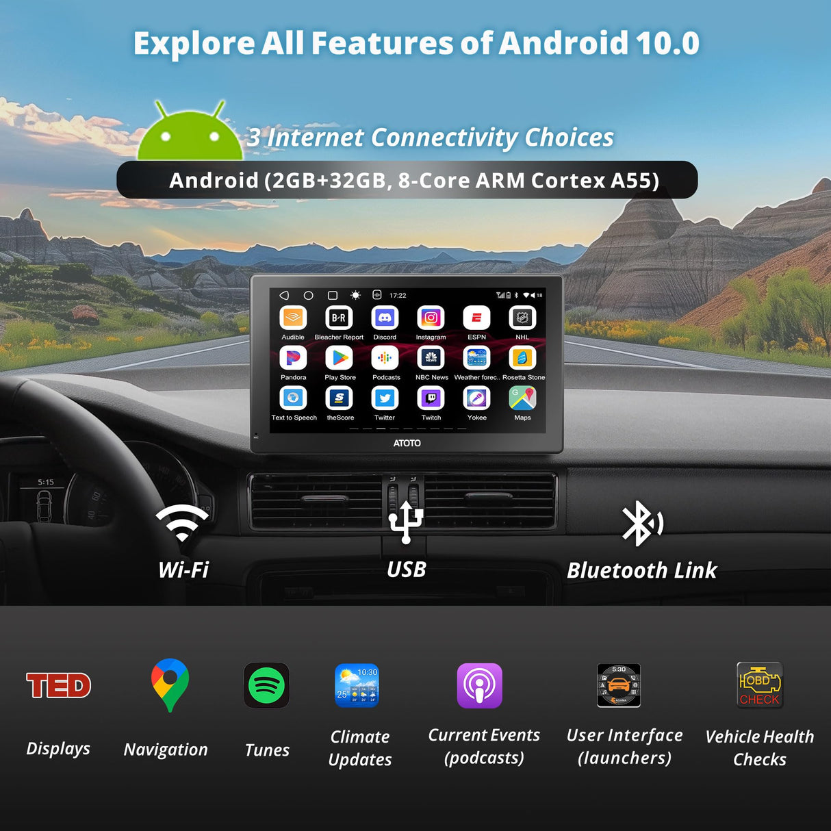 ATOTO 9" Portable Car Stereo with QLED Touchscreen, Wireless/Wired CarPlay & Android Auto, 2GB+32GB, ChatGPT AI, Fast Boot, 1280x720p Display