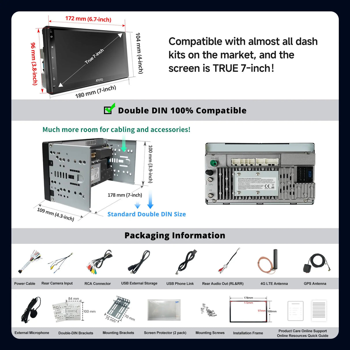 ATOTO A6G2C7PL 7" AI Double Din Car Stereo with 8-Core 4G+64G, Wireless CarPlay & Android Auto, 4G LTE, MirrorLink, Dual Bluetooth, Fully Laminated Touchscreen, 36-Band EQ, SCVC & GPS Tracking