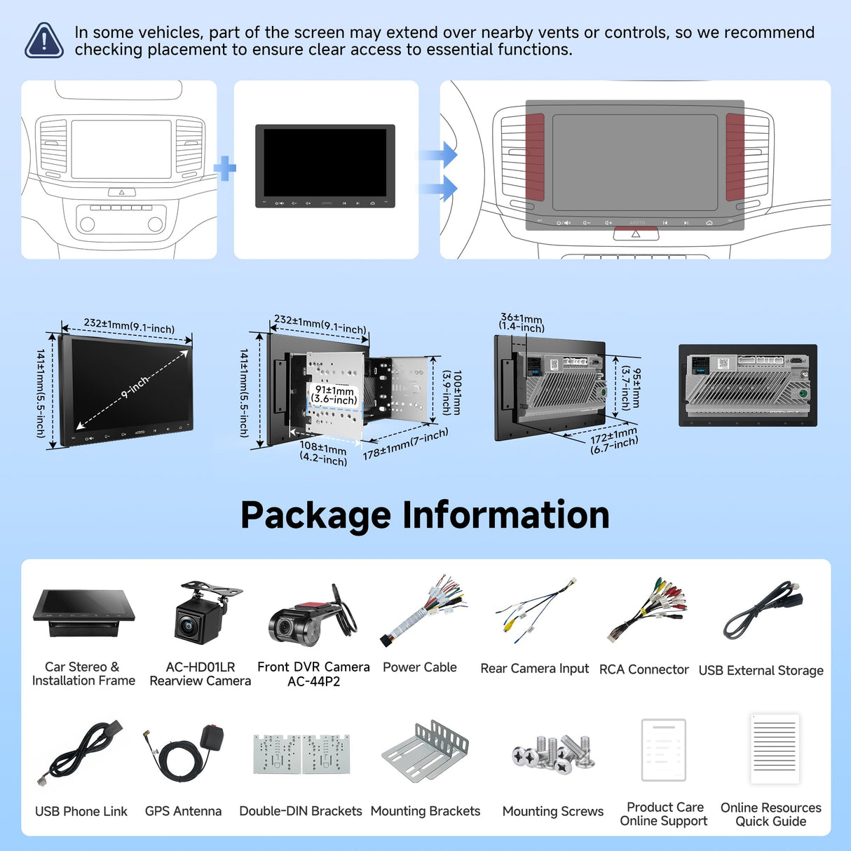 ATOTOZONE Double-DIN Car Stereo 9 Inch Android Car Radio, Wireless CarPlay&Android Auto, Backup Camera and Dashcam, AI Dialogues, WiFi/BT/USB, GPS Tracking, 24B EQ&DSP, 4 * 45W AMP