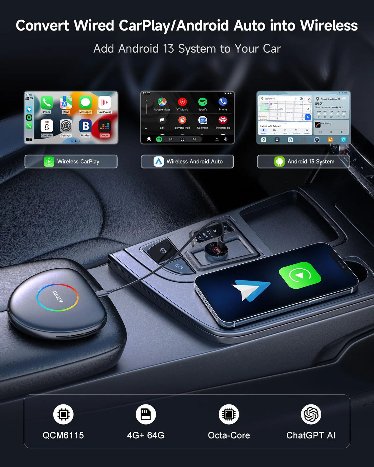 ATOTOLIFE CB6C AI Box CarPlay, Wireless CarPlay/AndroidAuto Adapter with YouTube, Car Video Box with AI Assistant, GPS Navigation, Android 13, 4G LTE, Expandable to 256GB, Watch Videos in Your Car