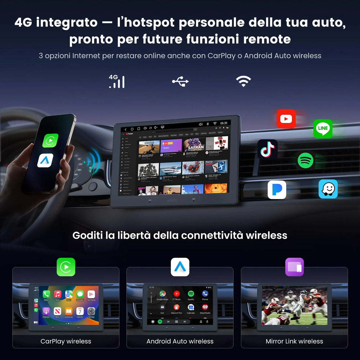 ATOTOEXCEL S8Gen4 10,1 pollici QLED Android Autoradio 2 DIN, CarPlay e Android Auto wireless, autoradio touchscreen 4G LTE, WiFi/USB-Tethering, Hi-Fi DSP, pre-out 4V, con telecamera posteriore, 4G+64G