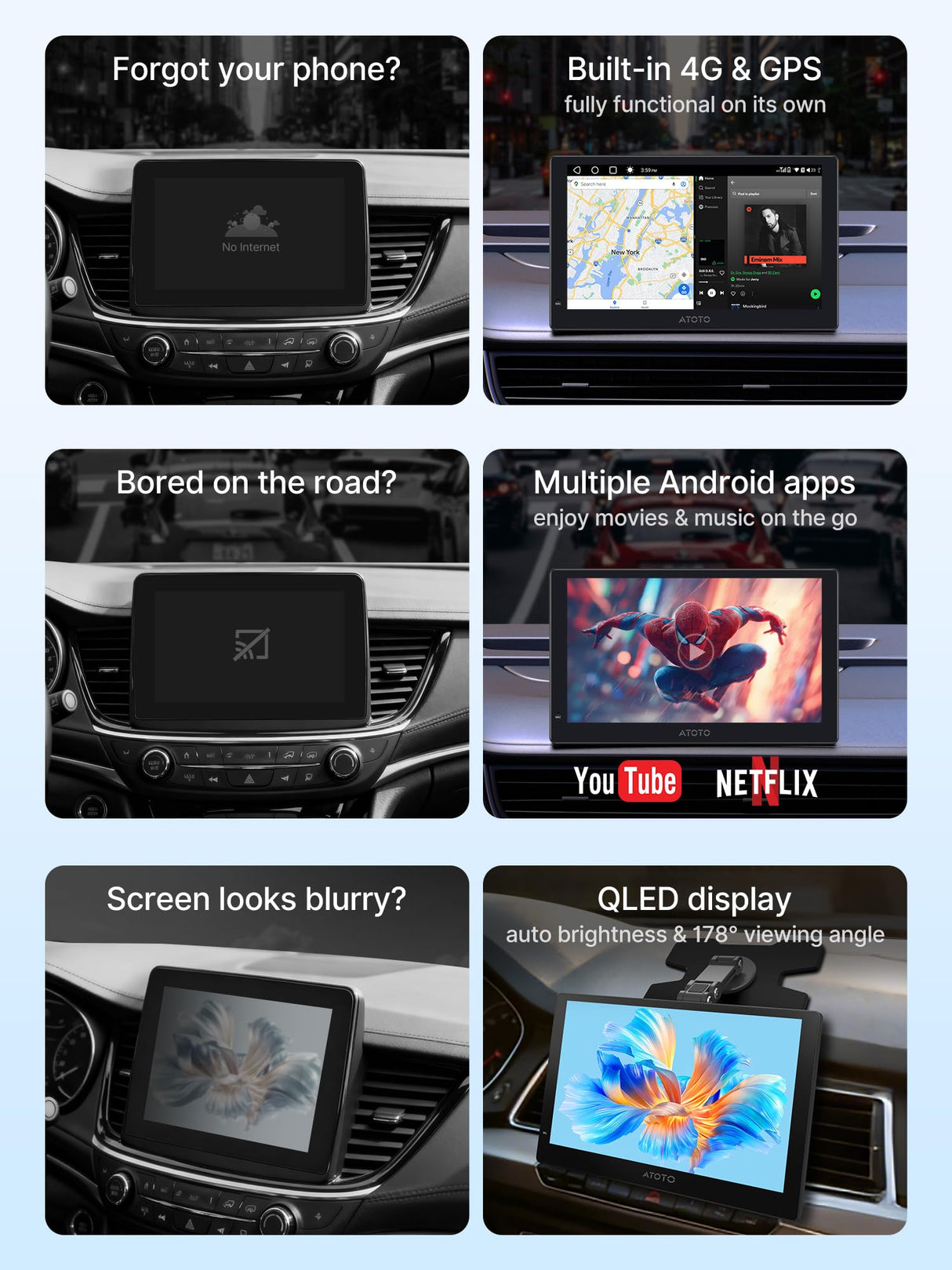 P9 Pro Smart Driving Display, 9"QLED Portable Car Display with Wireless CarPlay & Android Auto, Full Android-Powered Head Unit, 4G LTE, Dual-Bluetooth, AI Voice, Dash-Cam DVR & AHD Rear Cam Ready