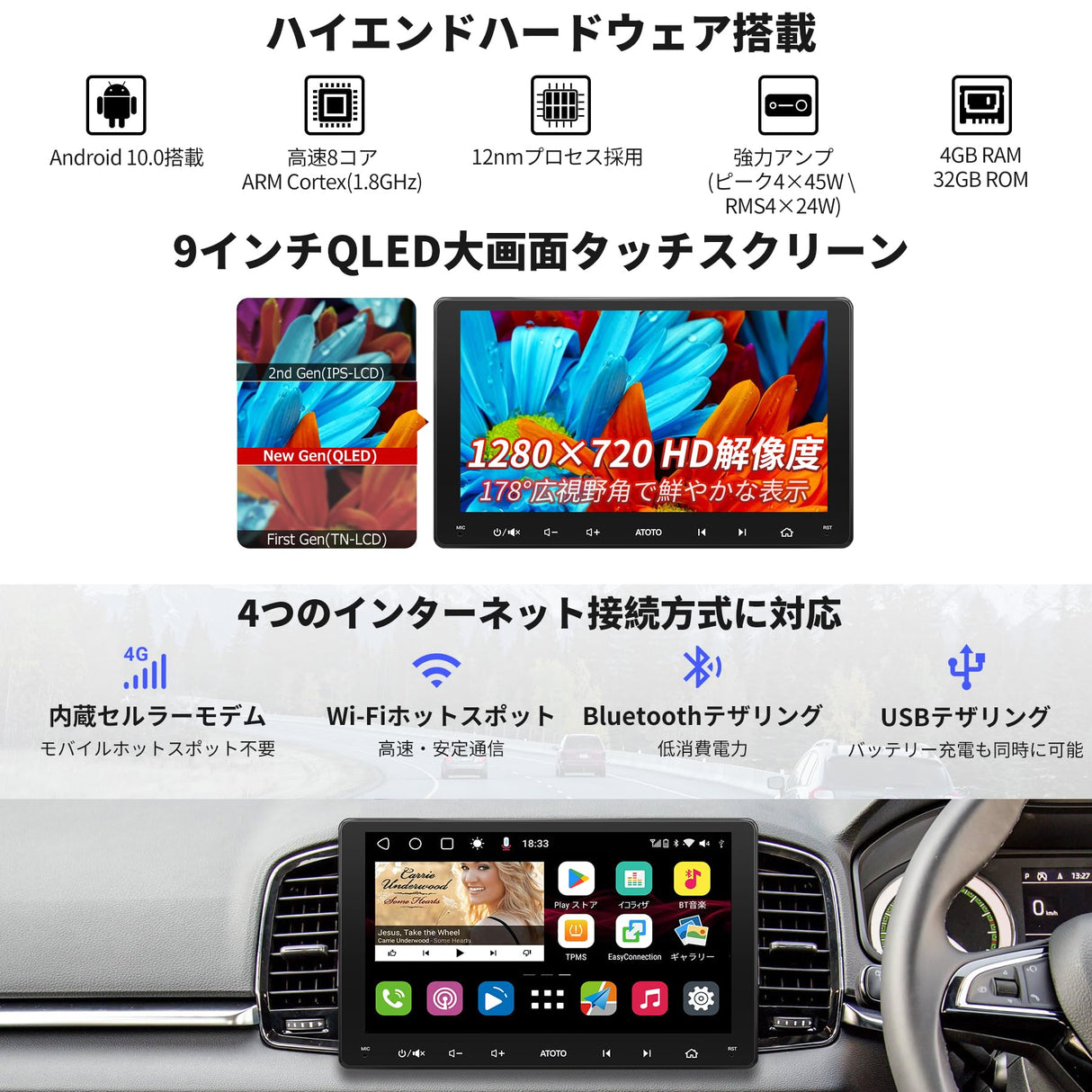 ATOTO S8G2094MS 9" QLED 2 Din ディスプレイオーディオ Androidカーナビ、8コア 4GB+32GB、ワイヤレスCarPlay/Android Auto、4G内蔵、デュアルBluetooth、Wi-Fi/USB テザリング、内蔵DSP・アンプ、GPS追跡、AI会話、MirrorLink、2分割画面、HDMI入力/出力対応、AHD 1080P フロント/リアカメラ