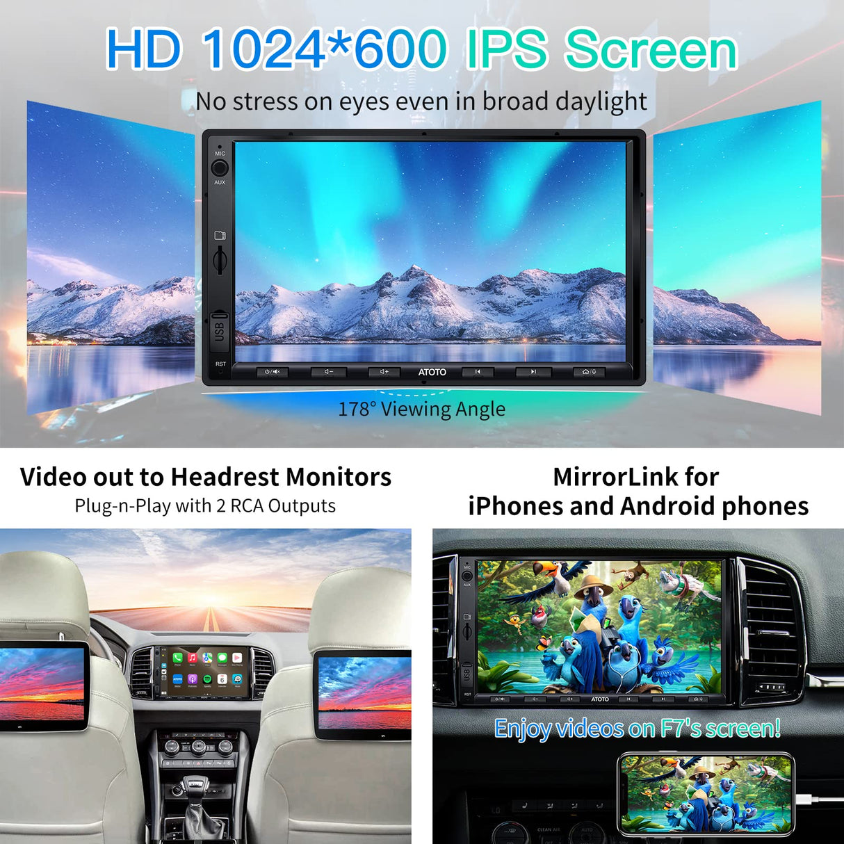 ATOTO F7G2A7WE 7" Double Din Car Stereo, HD LRV Camera, IPS Touchscreen, Wireless CarPlay and Android Auto, Bluetooth, Phone Mirroring, USB Video & Audio