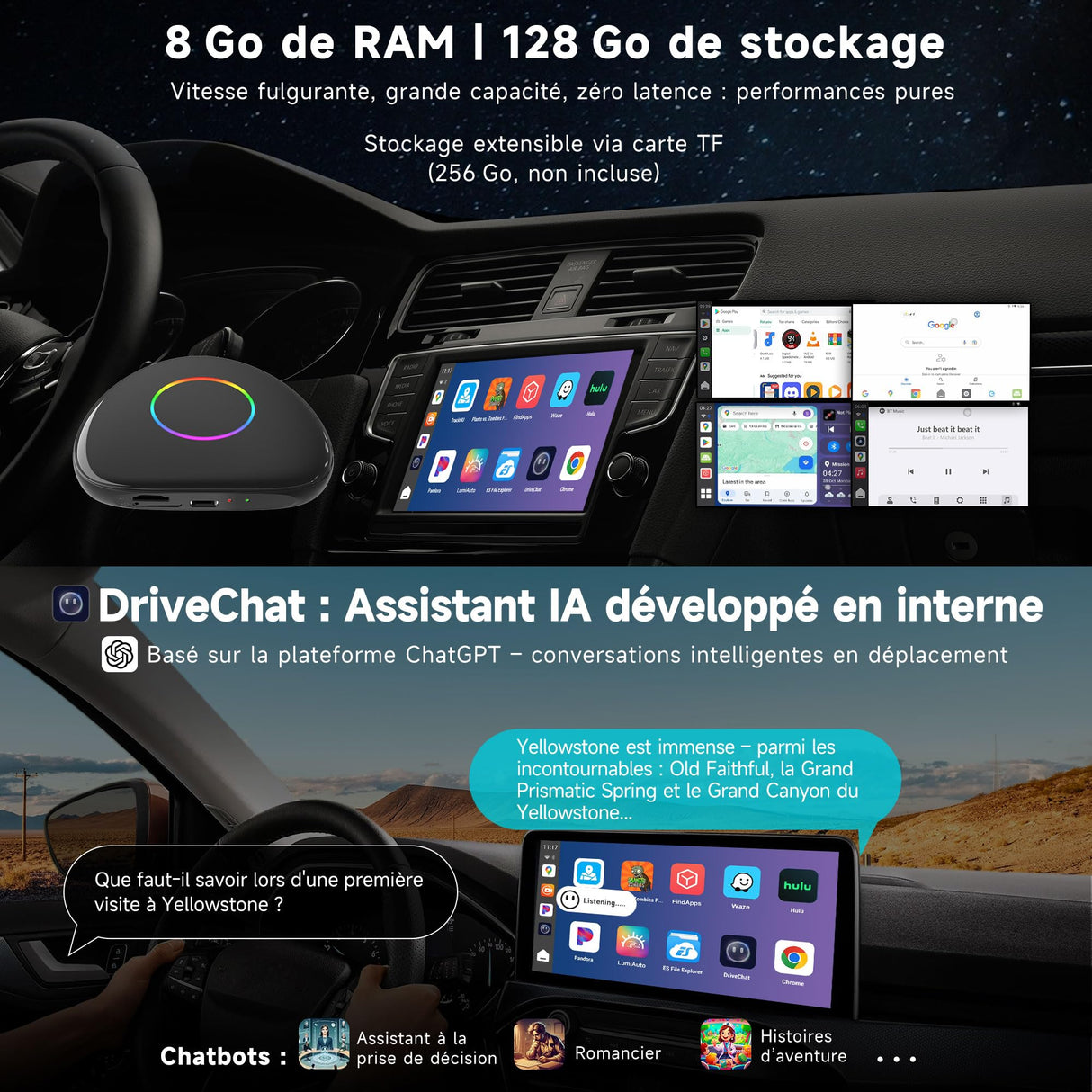 ATOTO CB6 Adaptateur CarPlay Sans Fil – Boîtier CarPlay IA, 8 Go+128 Go Boîtier Streaming pour Voiture avec 4G, Double Bluetooth, USB, GPS Intégré, Assistant IA, Extension microSD, OTA