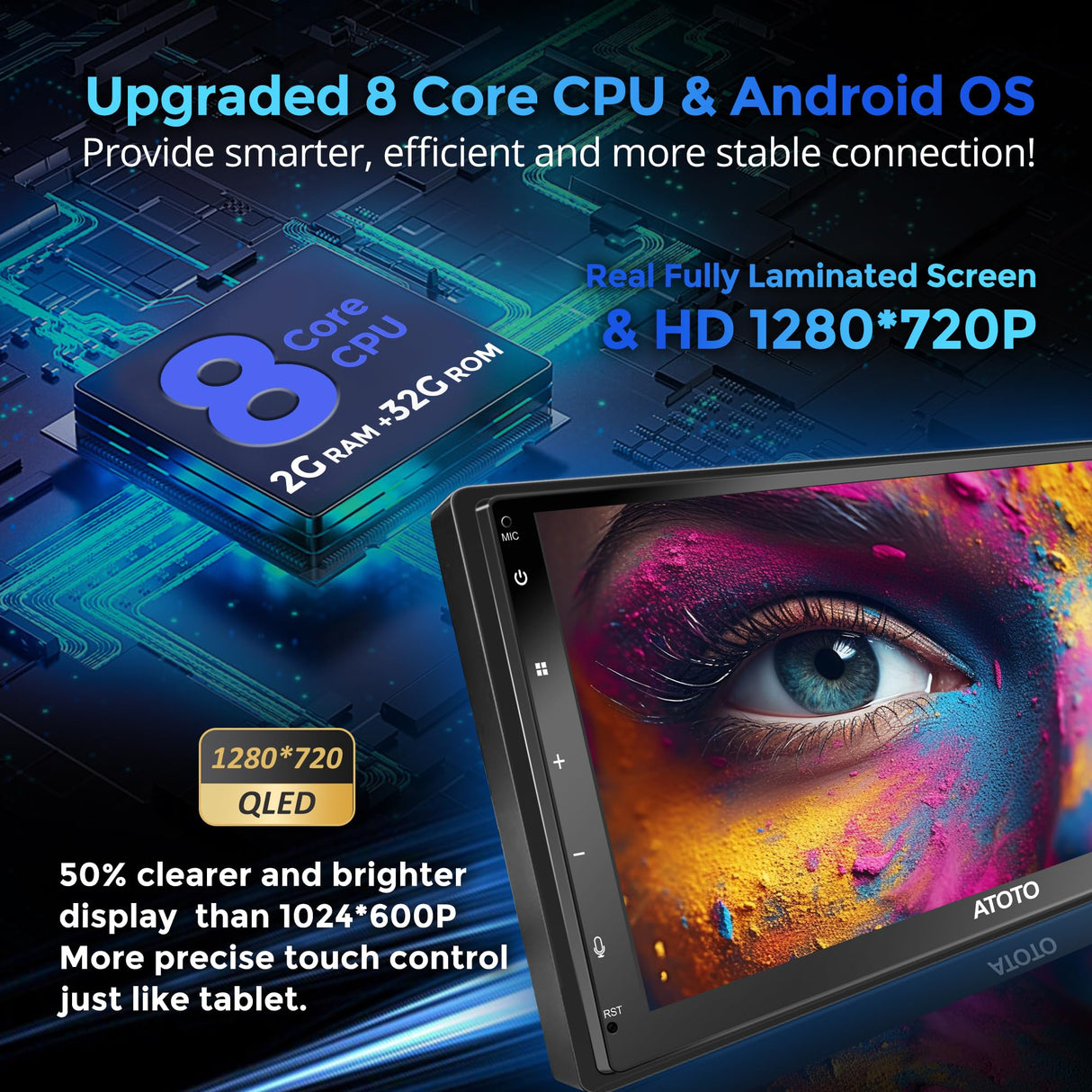 ATOTO A6G2C7PF Radio 2 DIN Android 7" QLED con Micrófono, Pantalla Laminada, CarPlay y Android Auto Inalámbrico, Bluetooth, Control por Voz, GPS Navegador, 8 Núcleos