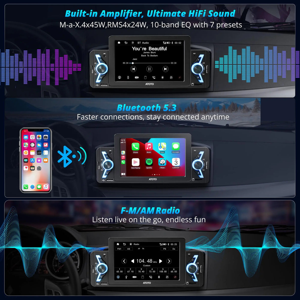 ATOTO F7WE 5 Zoll Autoradio 1din, Wireless CarPlay & kabelloses Android Auto, MirrorLink, Autoradio Bluetooth 5.3 mit Touchscreen, FM/AM/RDS, Sprachsteuerung, Live-Rückansicht, F7G1A5WE