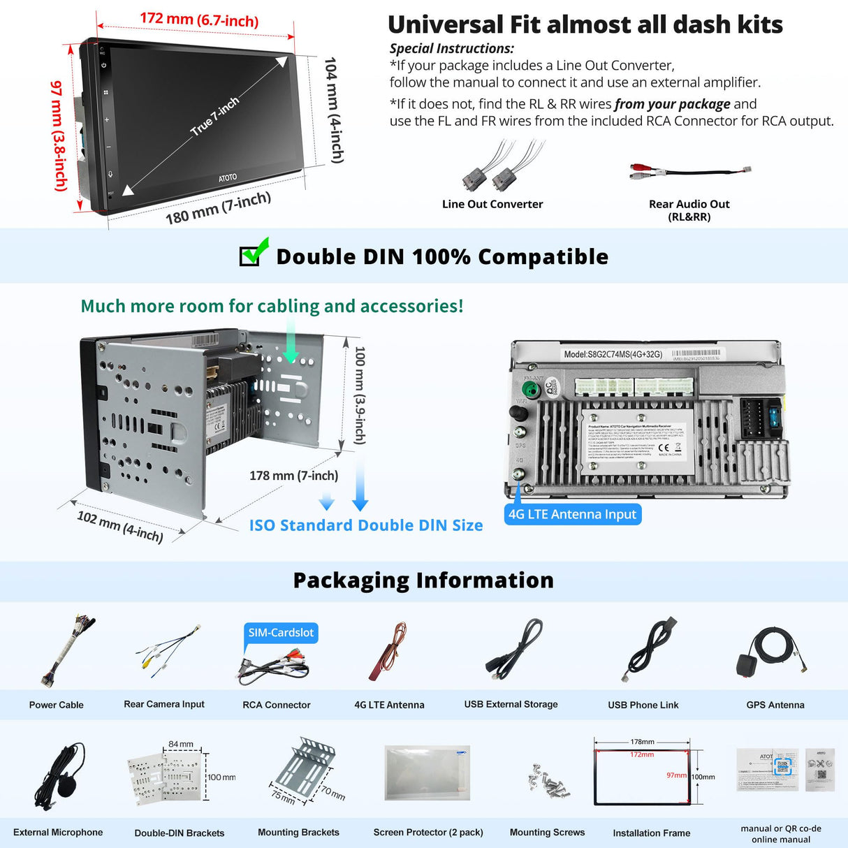 S8G2C74MS-7inch QLED Android Double Din Car Stereo, Wired & Wireless, Support 4G LTE & WiFi, GPS Navigation System, DSP, 4GB+32GB TF Card