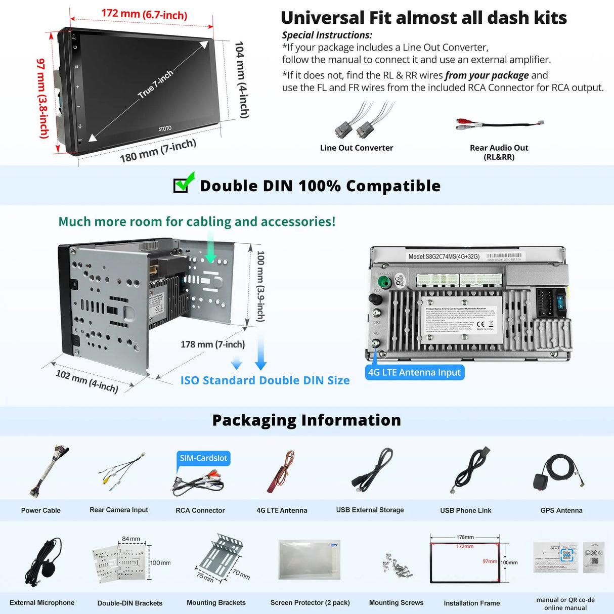ATOTO S8G2C74MS 7" QLED Android Double Din Car Stereo, Wired & Wireless, 4G LTE, WiFi, GPS Navigation, DSP, 4GB+32GB TF Card (Refurbished)
