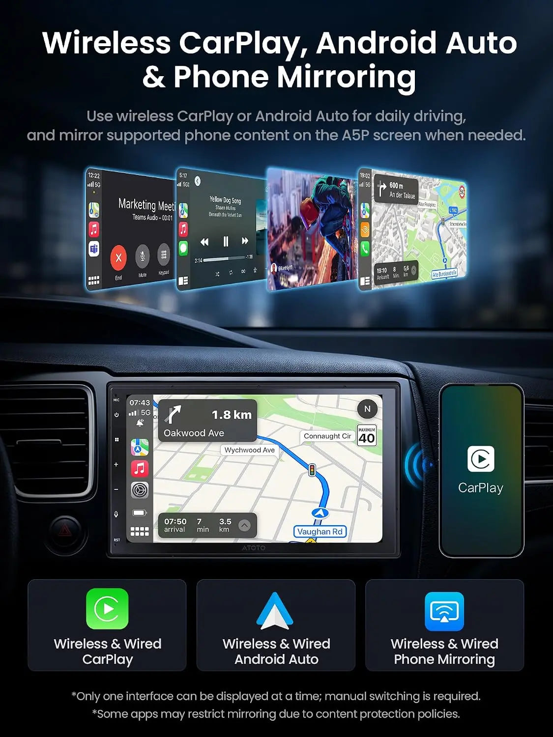 ATOTO A5L Gen2 7inch Double Din Car Stereo, Wireless CarPlay & Android Auto