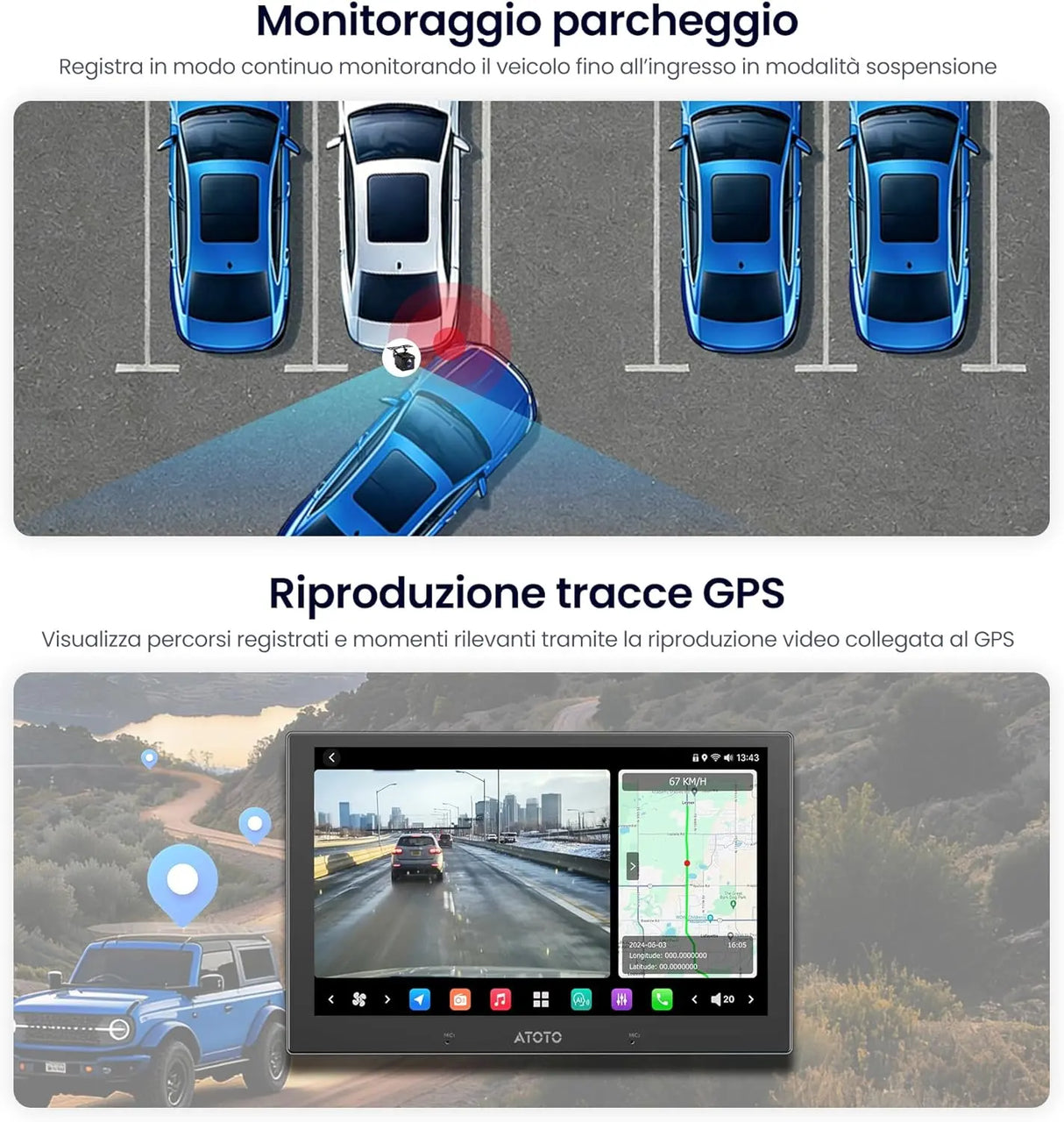 ATOTO AC-HN9RRV3 Telecamera Posteriore AHD 1080p 30fps, 134° Grandangolo, Visione Notturna Starlight, IP67, Sensore G, Parking Mode, Loop Video, Solo Serie V10