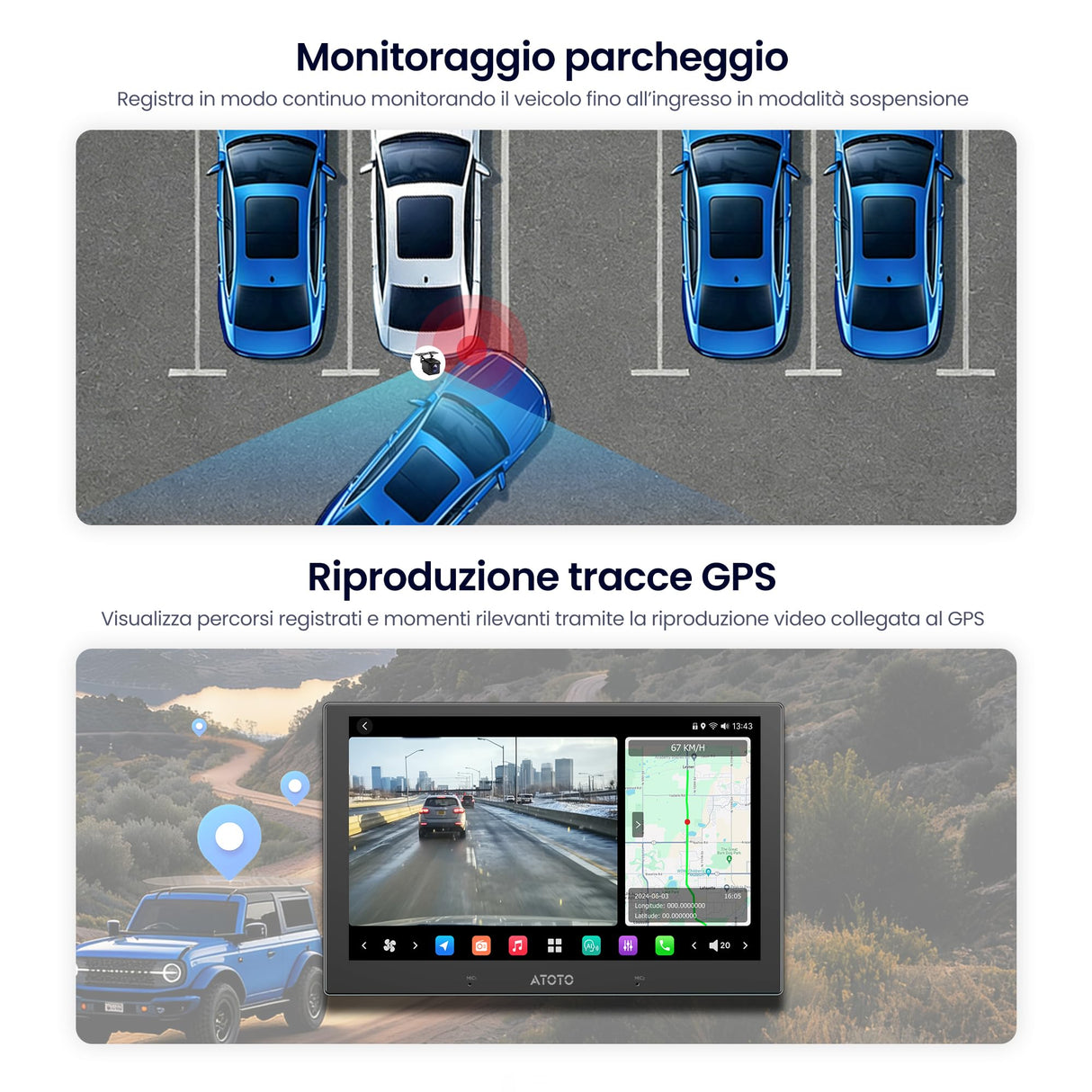 ATOTO AC-HN9RRV3 Telecamera Posteriore AHD 1080p 30fps, 134° Grandangolo, Visione Notturna Starlight, IP67, Sensore G, Parking Mode, Loop Video, Solo Serie V10