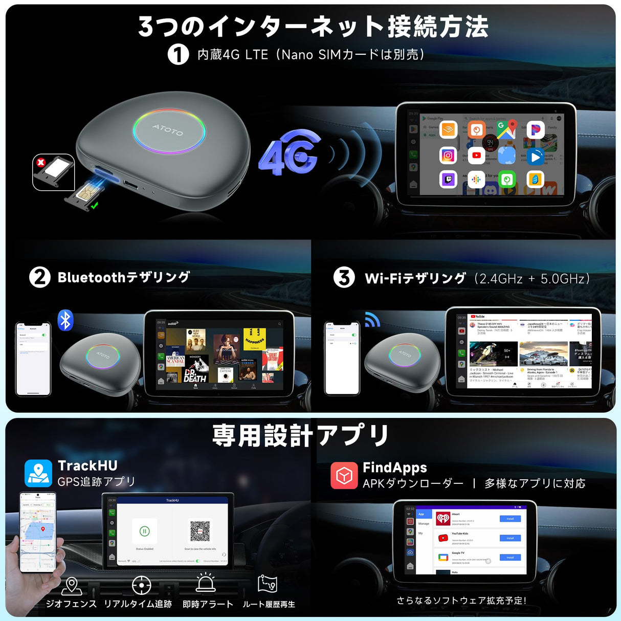 ATOTO CarWave CB6D Magic Box 8GB+128GB ワイヤレスCarPlay & Android Auto対応 | Android 13, 4G LTE, GPS, AIアシスタント, YouTube & Netflix対応, OBD & MicroSD対応, デュアルBluetooth, グレー