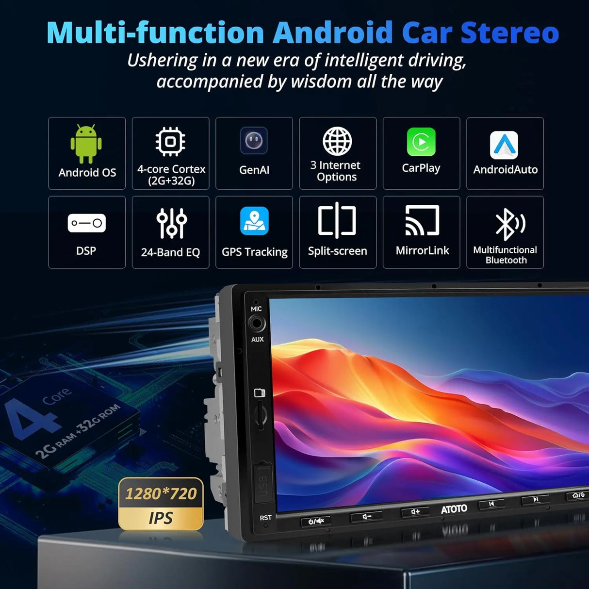 ATOTO A5LG2A7T 7" Android Double Din Car Stereo with Front DVR Cam, Touchscreen, Wireless 24-Band EQ, WiFi/BT/USB Tethering, FM/AM, 2+32G