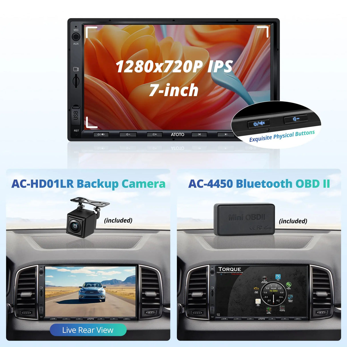 ATOTONA Android Double Din Car Stereo & Backup Camera, Wireless CarPlay&Android Auto 7-Inch Touchscreen, OBD2 Scanner, GPS Navigation, MirrorLink, WiFi/USB/Bluetooth, 2G+32G, Built-in DSP, FM/AM/TF