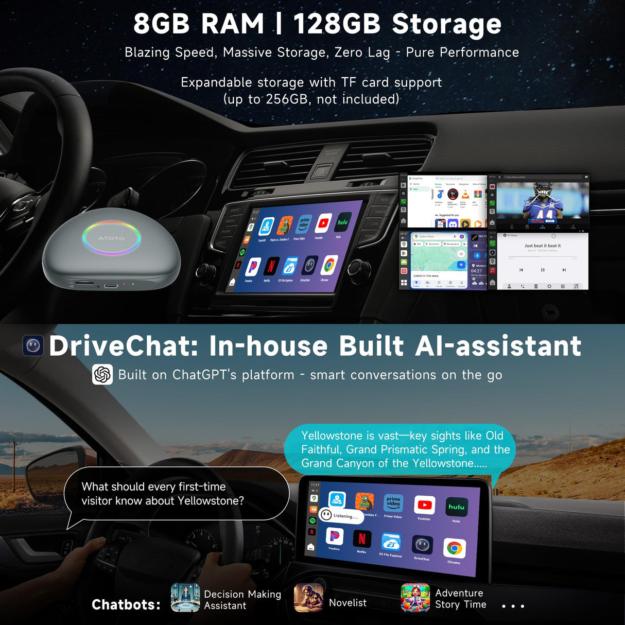 ATOTO CarWave CB6 Magic AI Box - Wireless CarPlay & Android Auto, Android 13 OS, 8-Core, 8G+128G, Car Streaming Video Box for Netflix, Spotify, 4G LTE, WiFi, Dual Bluetooth, OBD II, microSD, OTA, Gray