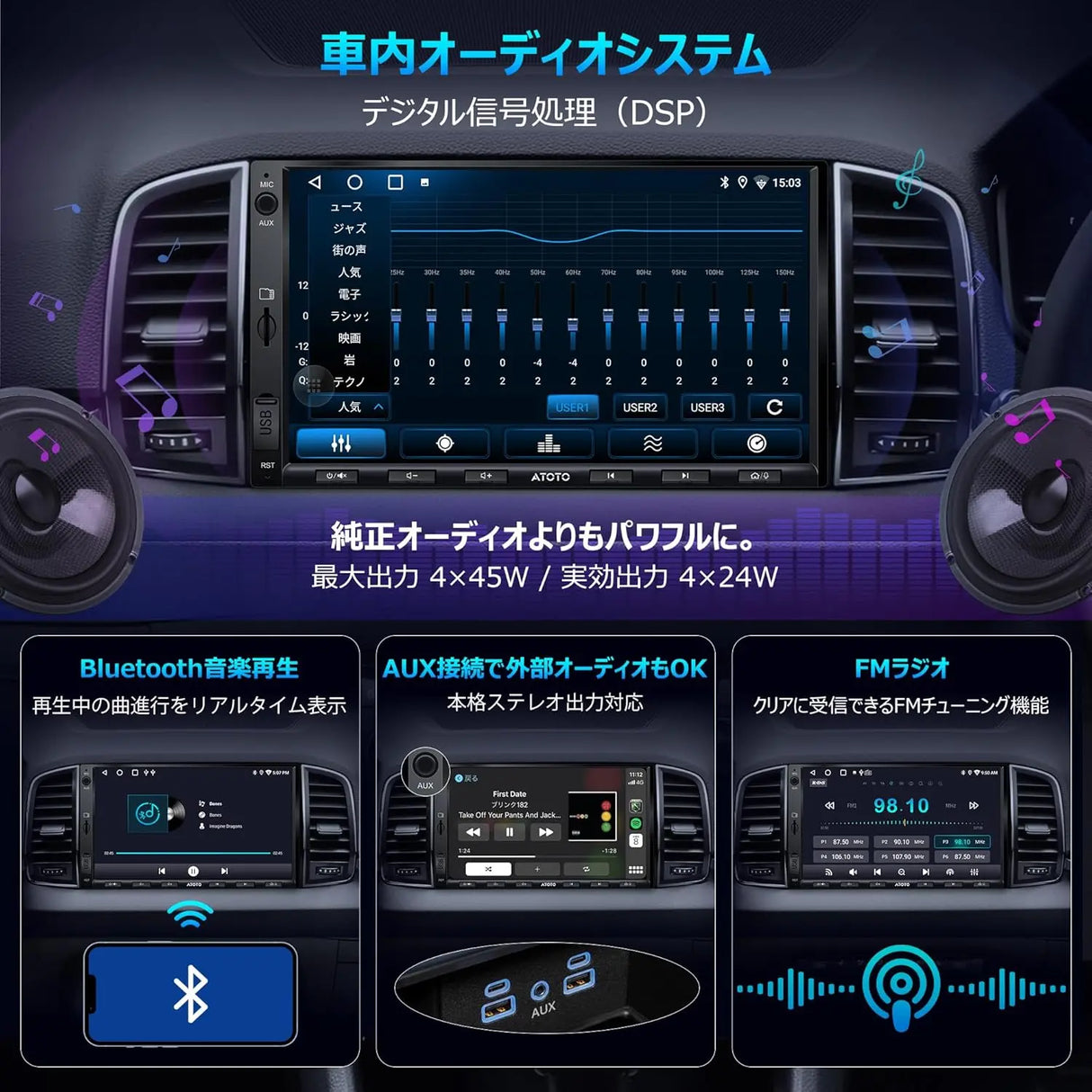 ATOTO A5LG2A7T 7インチ 2Din ディスプレイオーディオ フロントDVRカメラ&バックカメラ付属、Androidナビ、ワイヤレスCarPlay&Android Auto、WiFi/USB/Bluetooth、DSPアンプ内蔵、AI会話、2分割画面、SWC、FM、2G+32G