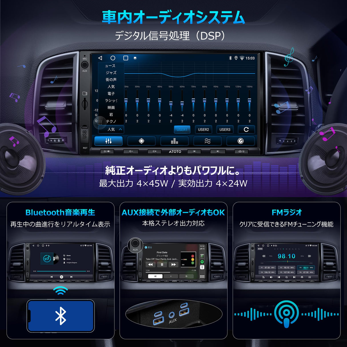 ATOTO A5LG2A7T 7インチ 2Din ディスプレイオーディオ フロントDVRカメラ&バックカメラ付属、Androidナビ、ワイヤレスCarPlay&Android Auto、WiFi/USB/Bluetooth、DSPアンプ内蔵、AI会話、2分割画面、SWC、FM、2G+32G