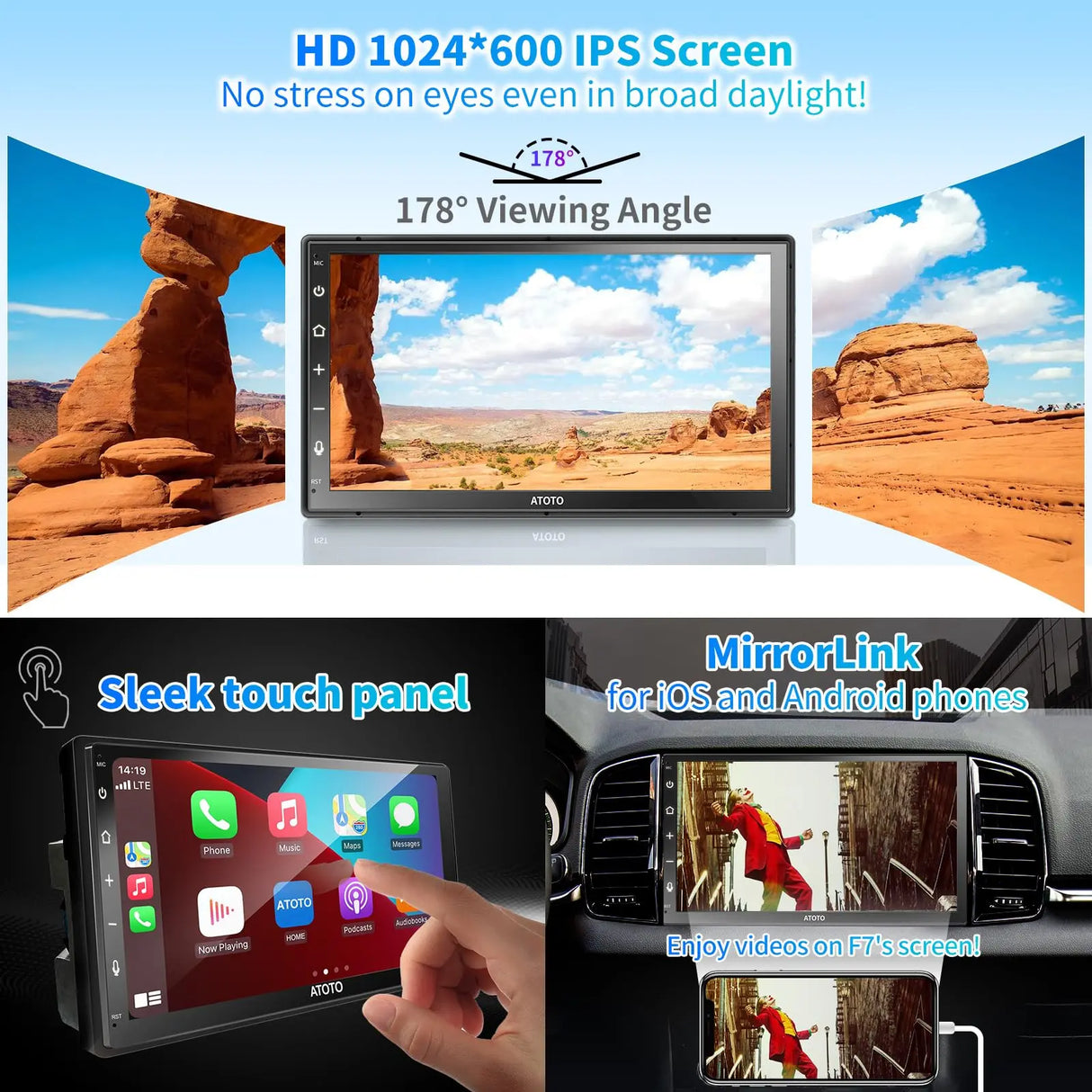 ATOTO F7G2B7WE 7" Double Din Head Unit with Wireless CarPlay & Android Auto, HD Touchscreen, Bluetooth, GPS Navigation, FM/AM, MirrorLink, HD Live Rearview, Voice Control