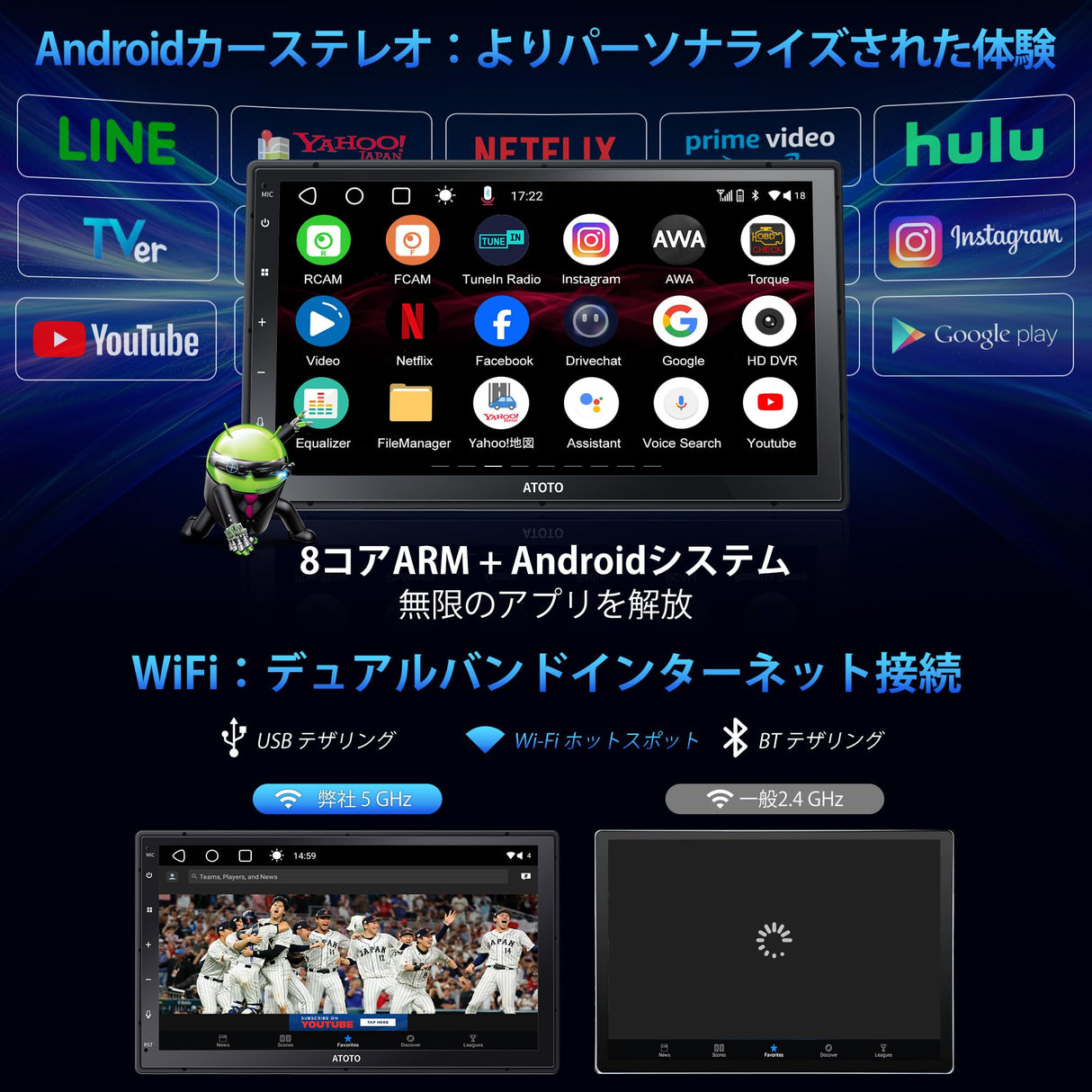 ATOTO A6G2C7PF 7インチ 2Din ディスプレイオーディオ バックカメラ付き、Androidナビ、8コア 2G+32G、QLED HDタッチスクリーン、DSP 36バンドEQ、ワイヤレスCarPlay&Android Auto、MirrorLink、GPSナビ、Wi-Fi/デュアルBluetooth