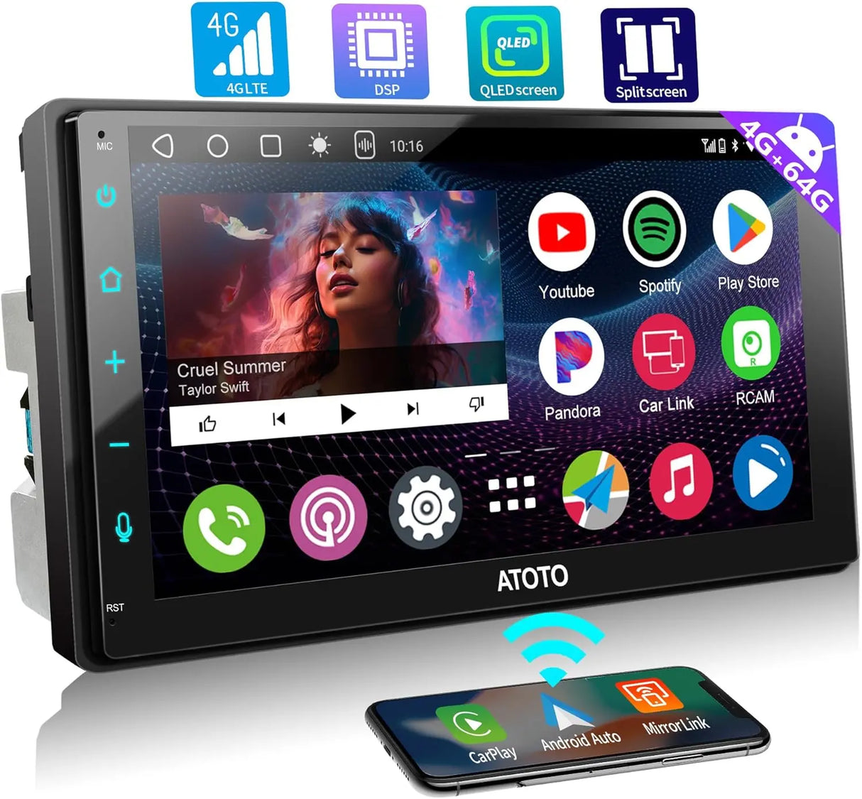 ATOTO A6G2B7PL 7" Double Din Car Stereo, QLED Display, 8-Core Android, 4G LTE WiFi, Wireless CarPlay & Android Auto, Dual Bluetooth, MirrorLink, DSP, HDMI Output, FM Radio, In-Dash Navigation, 4G+64G