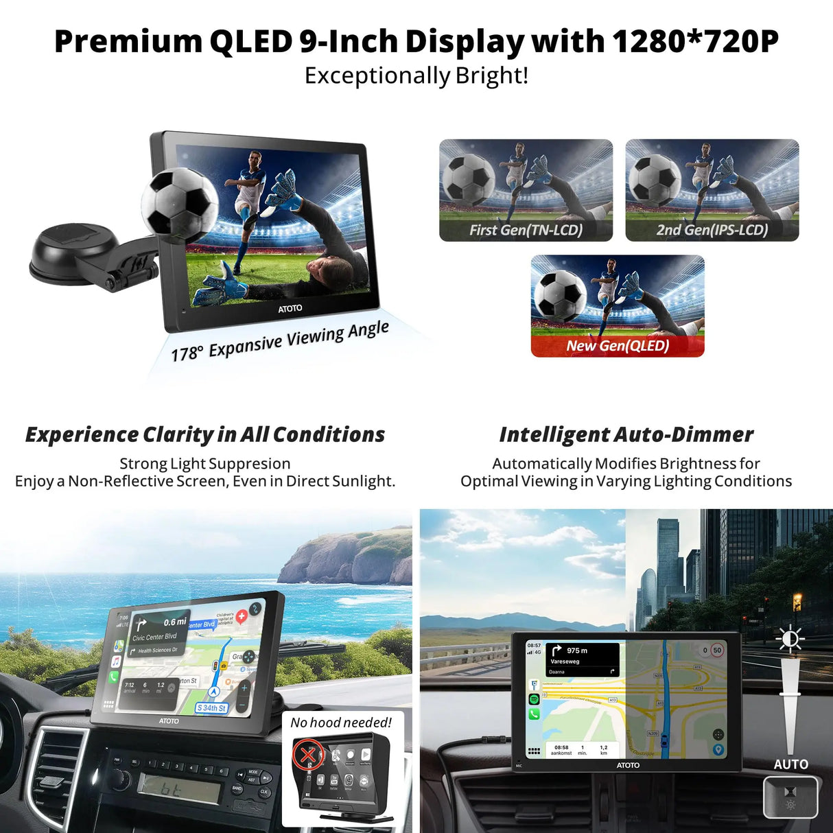 ATOTO 9" Portable Car Stereo with QLED Touchscreen, Wireless/Wired CarPlay & Android Auto, 2GB+32GB, ChatGPT AI, Fast Boot, 1280x720p Display