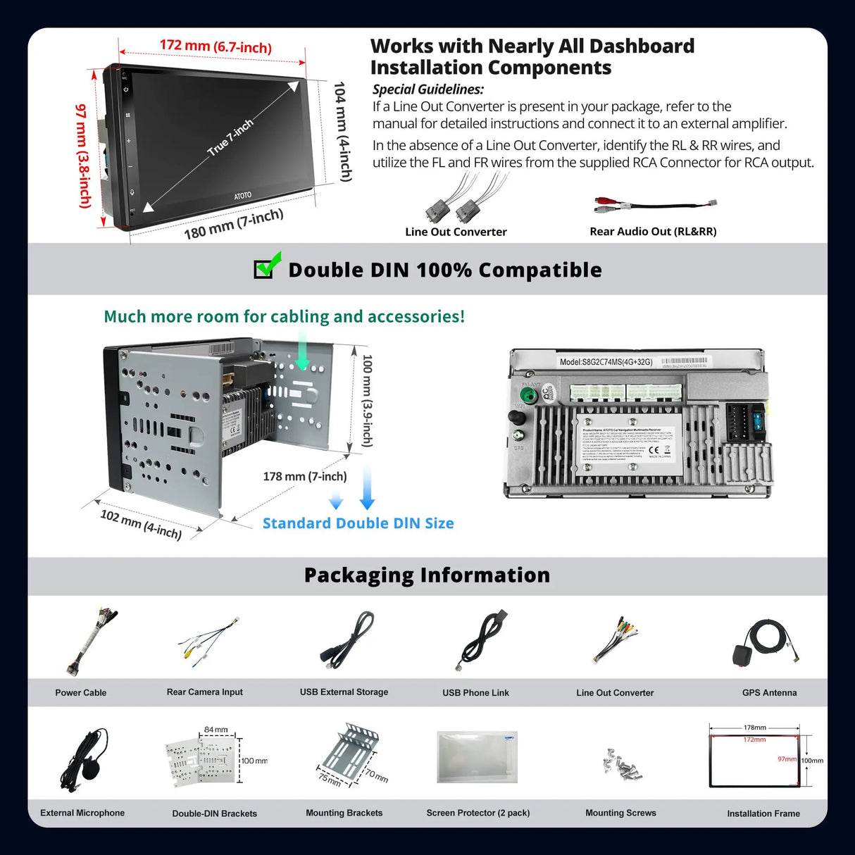 ATOTO A6G2C7PF 7" 2 DIN Autoradio – 8-Kern QLED Touchscreen, vollständig laminierter Bildschirm, Wireless Android Auto & CarPlay, Bluetooth mit Mikrofon, GPS-Navigation, Sprachsteuerung